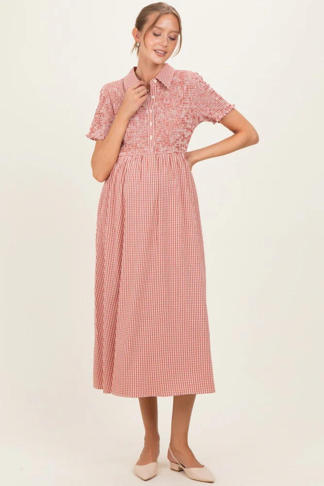 Red Smocked Gingham Collared Maternity Midi Dress - Image 3
