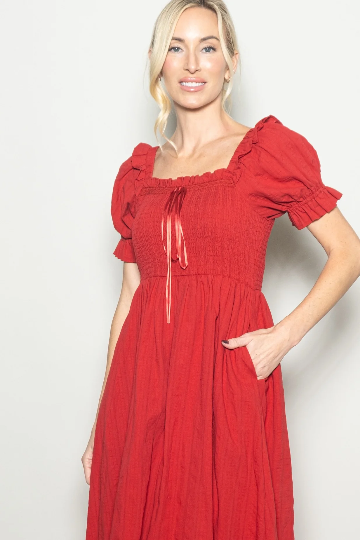 Red Smocked Ruffle Accent Ribbon Tie Maxi Dress - Image 4