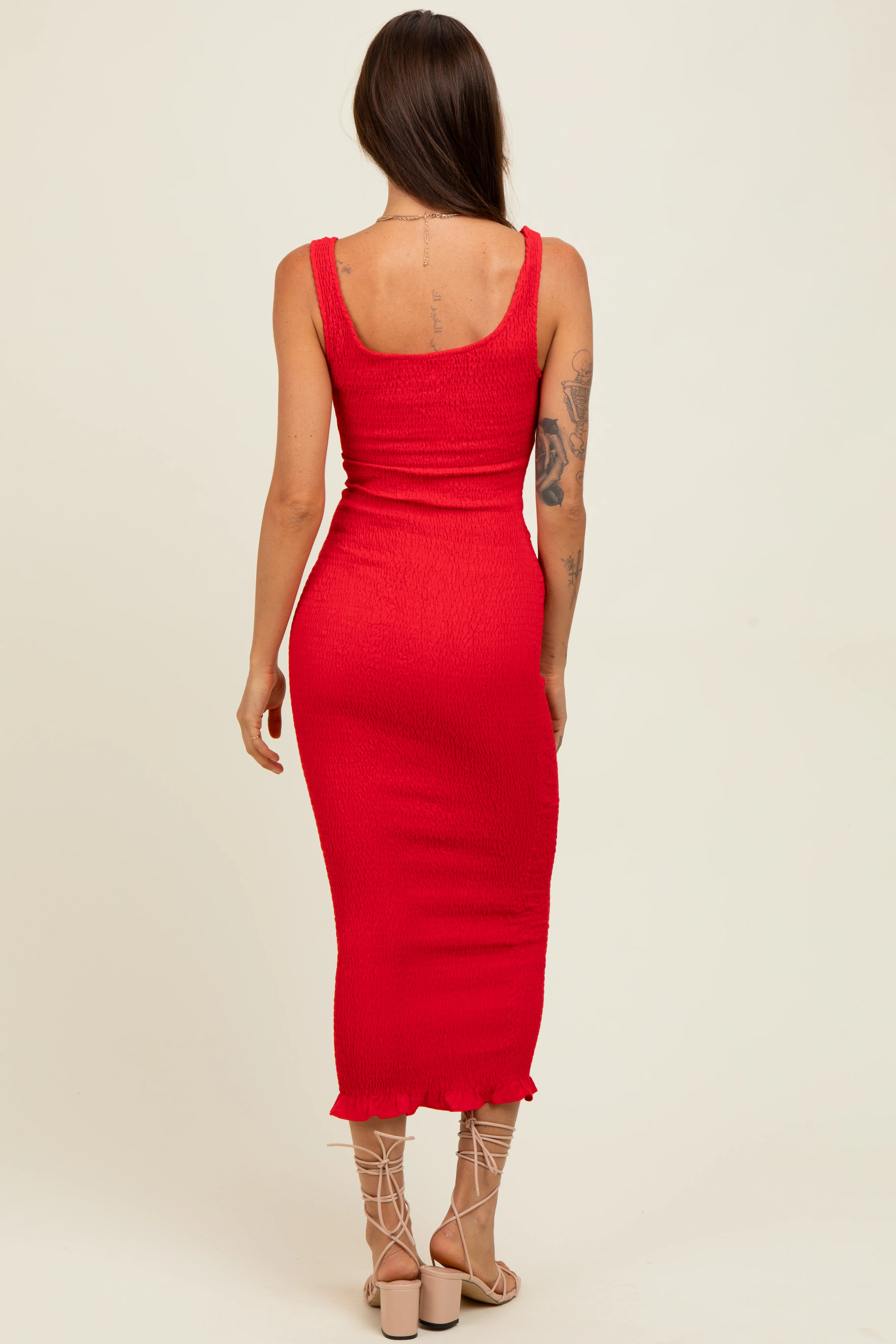 Red Smocked Sleeveless Ruffle Hem Fitted Dress - Image 3