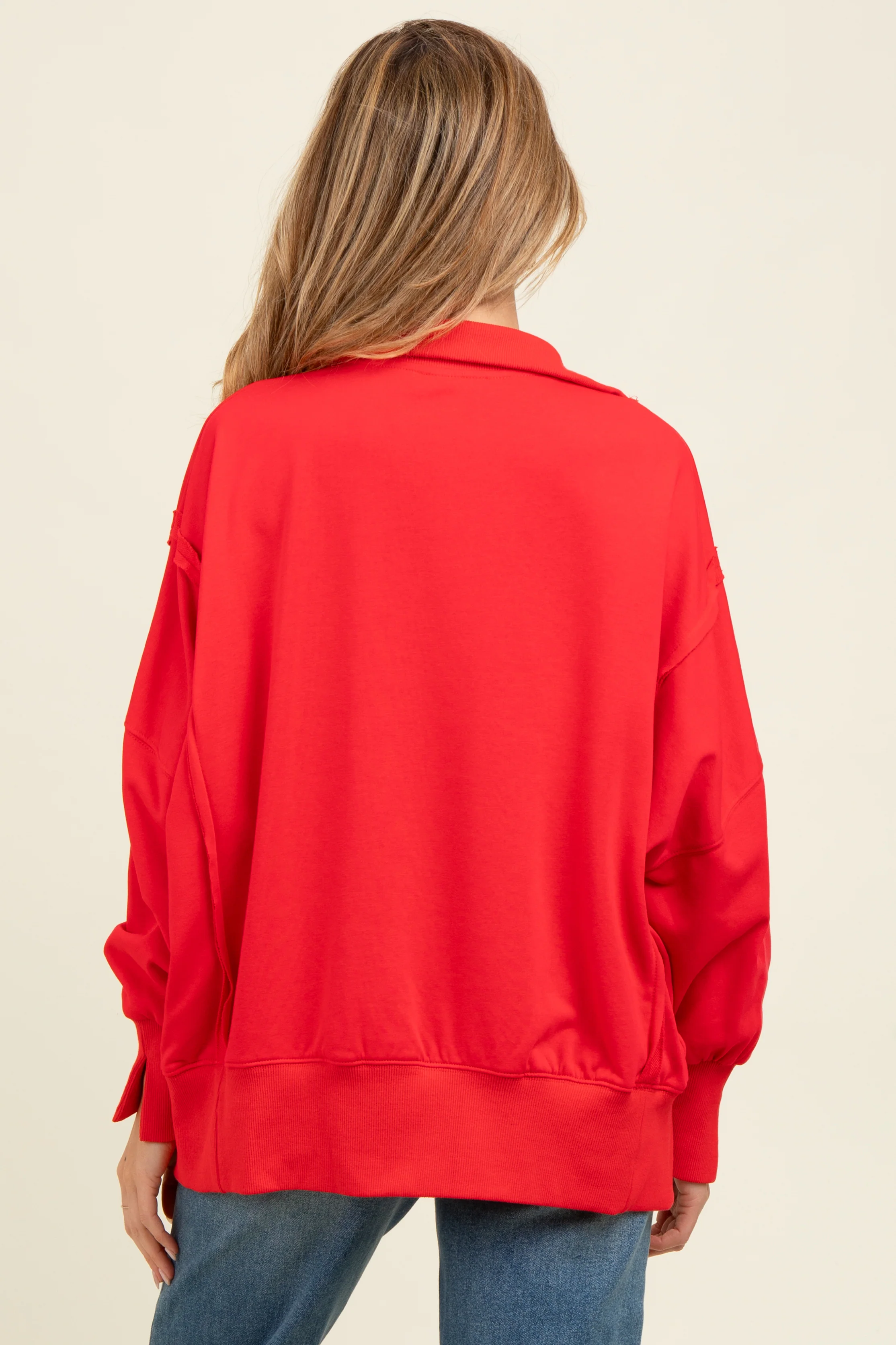 Red Snap Button Pullover Henley Maternity Sweatshirt - Image 4