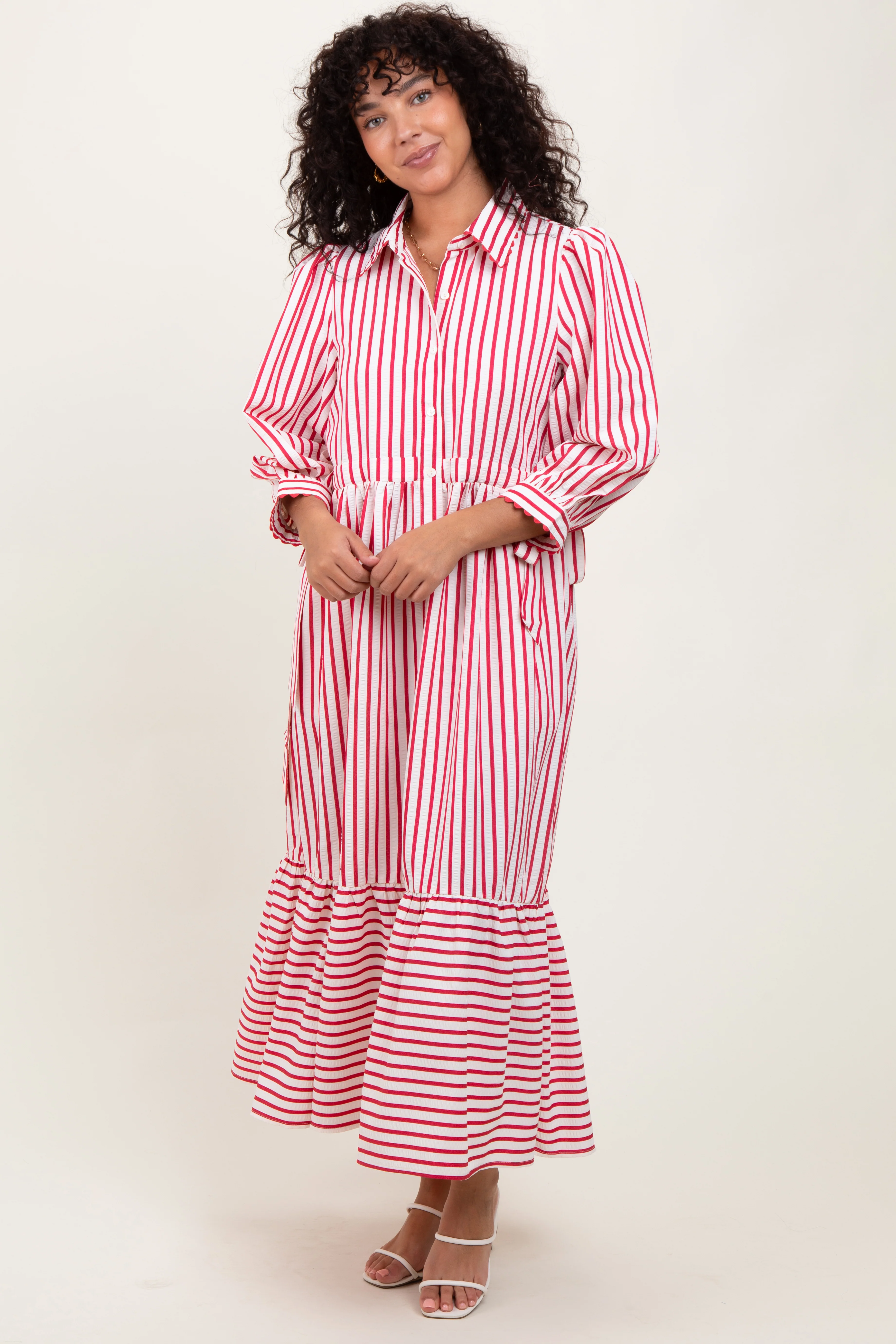 Red Striped Collar Maternity Maxi Dress - Image 3
