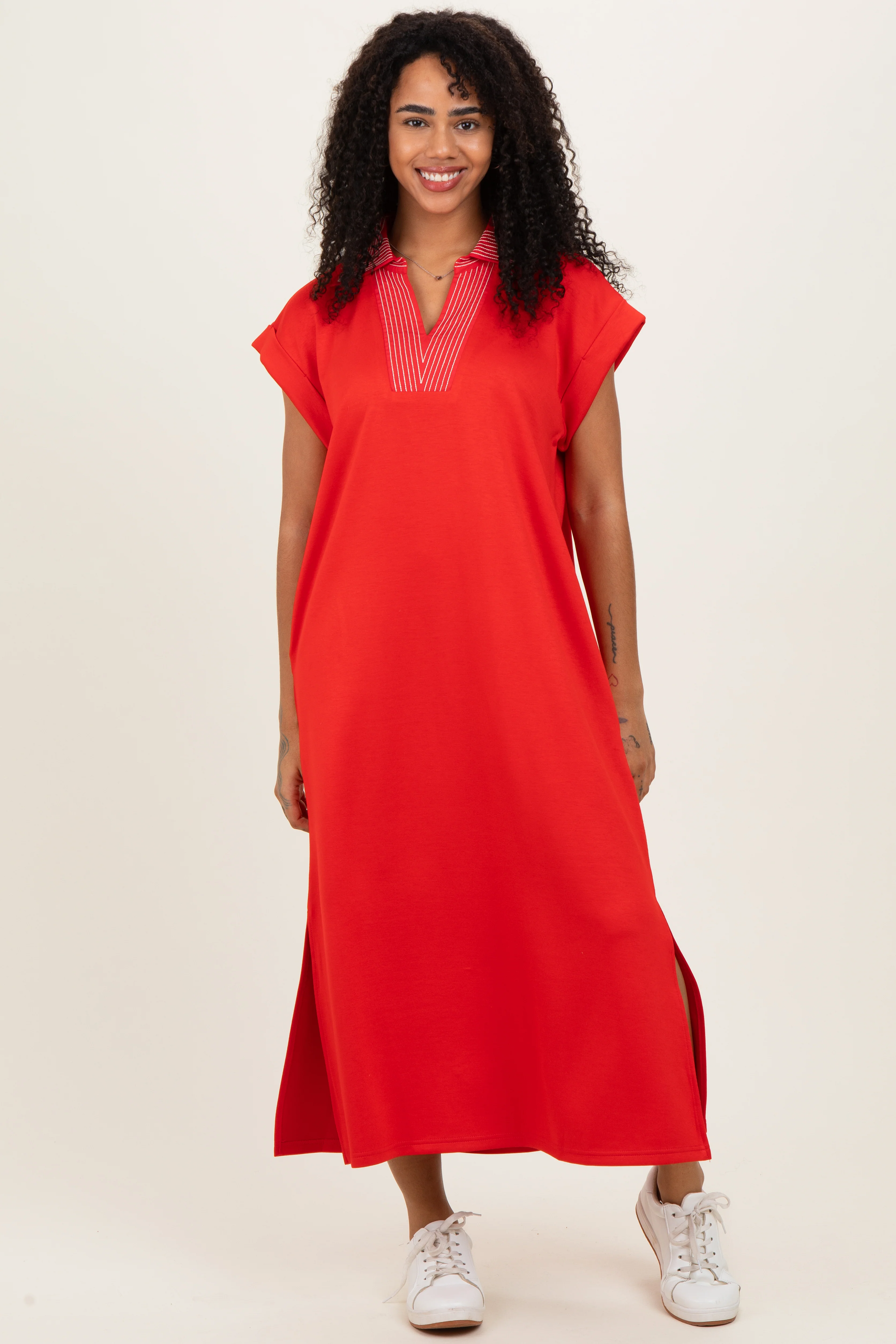 Red Striped Collared Side Slit Maternity Midi Dress - Image 4