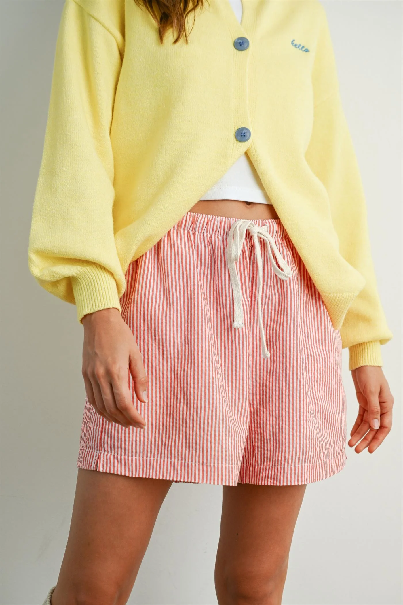 Red Striped Drawstring Maternity Shorts - Image 5