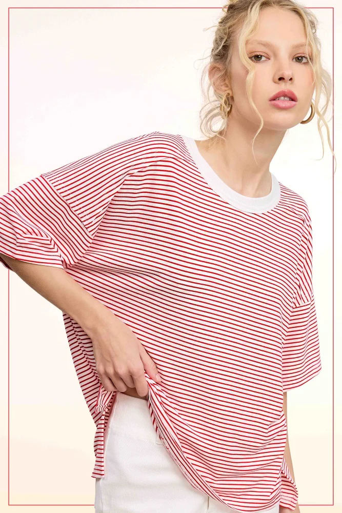 Red Striped Drop Shoulder Short Sleeve Maternity Top - Image 4