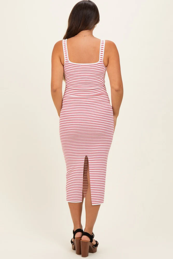 Red Striped Fitted Maternity Midi Tank Dress - Image 3