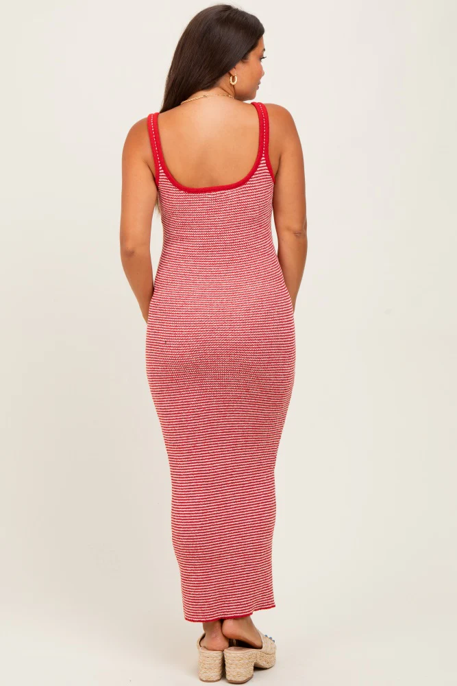 Red Striped Knit Tie-Front Maternity Midi Dress - Image 4