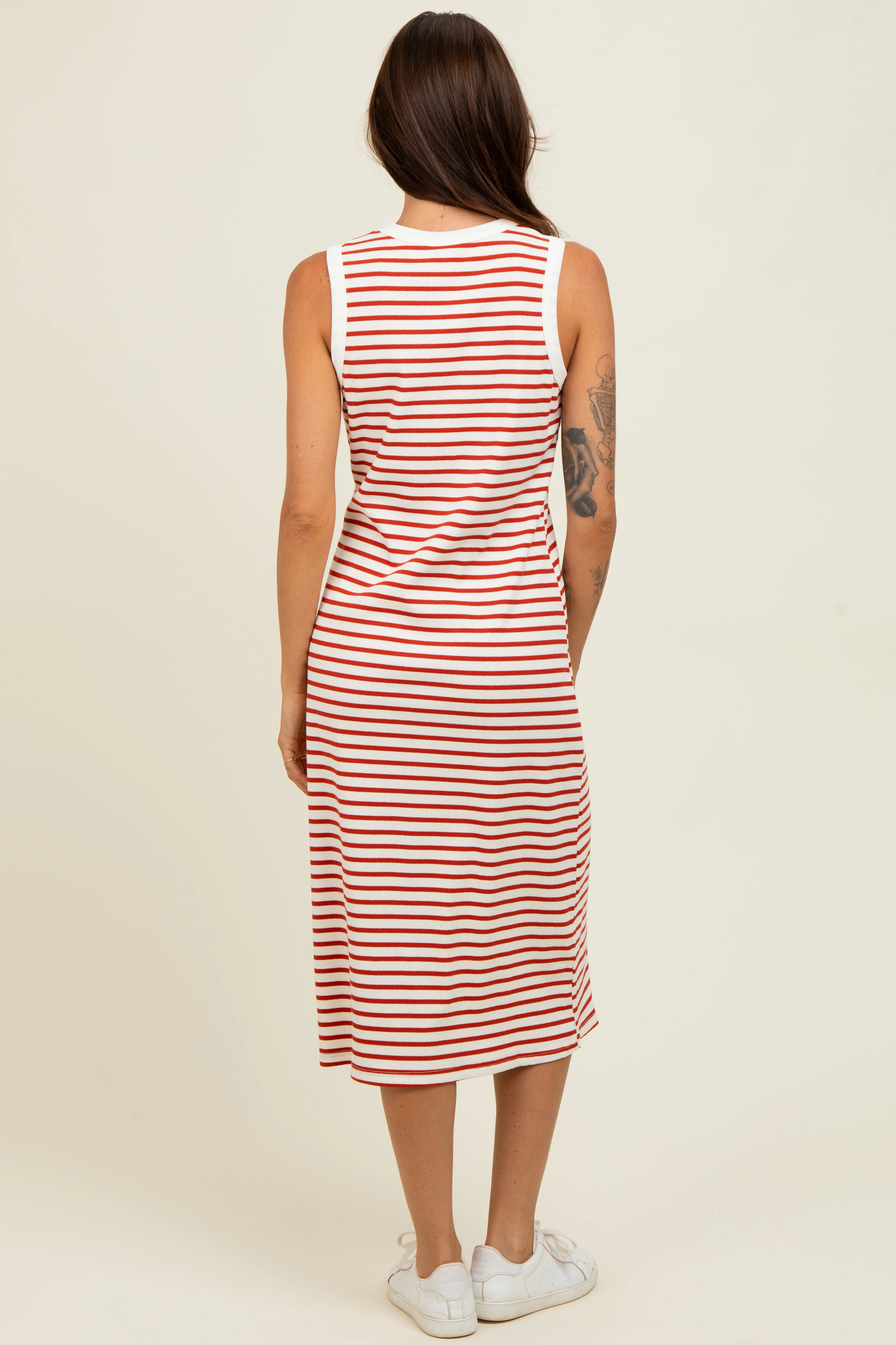 Red Striped Ribbed Knit Sleeveless Midi Dress - Image 4