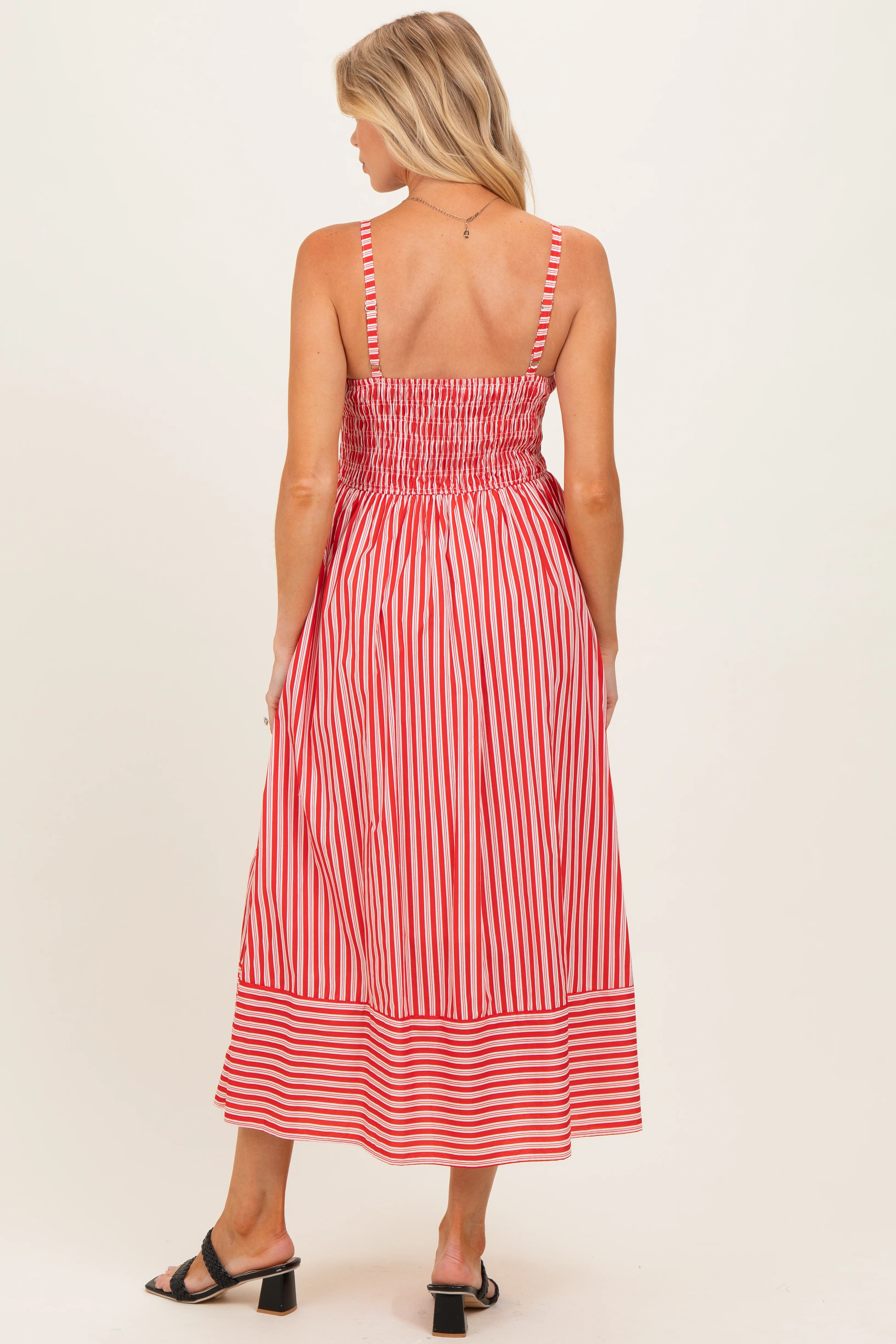 Red Striped Smocked Maternity Midi Dress - Image 3