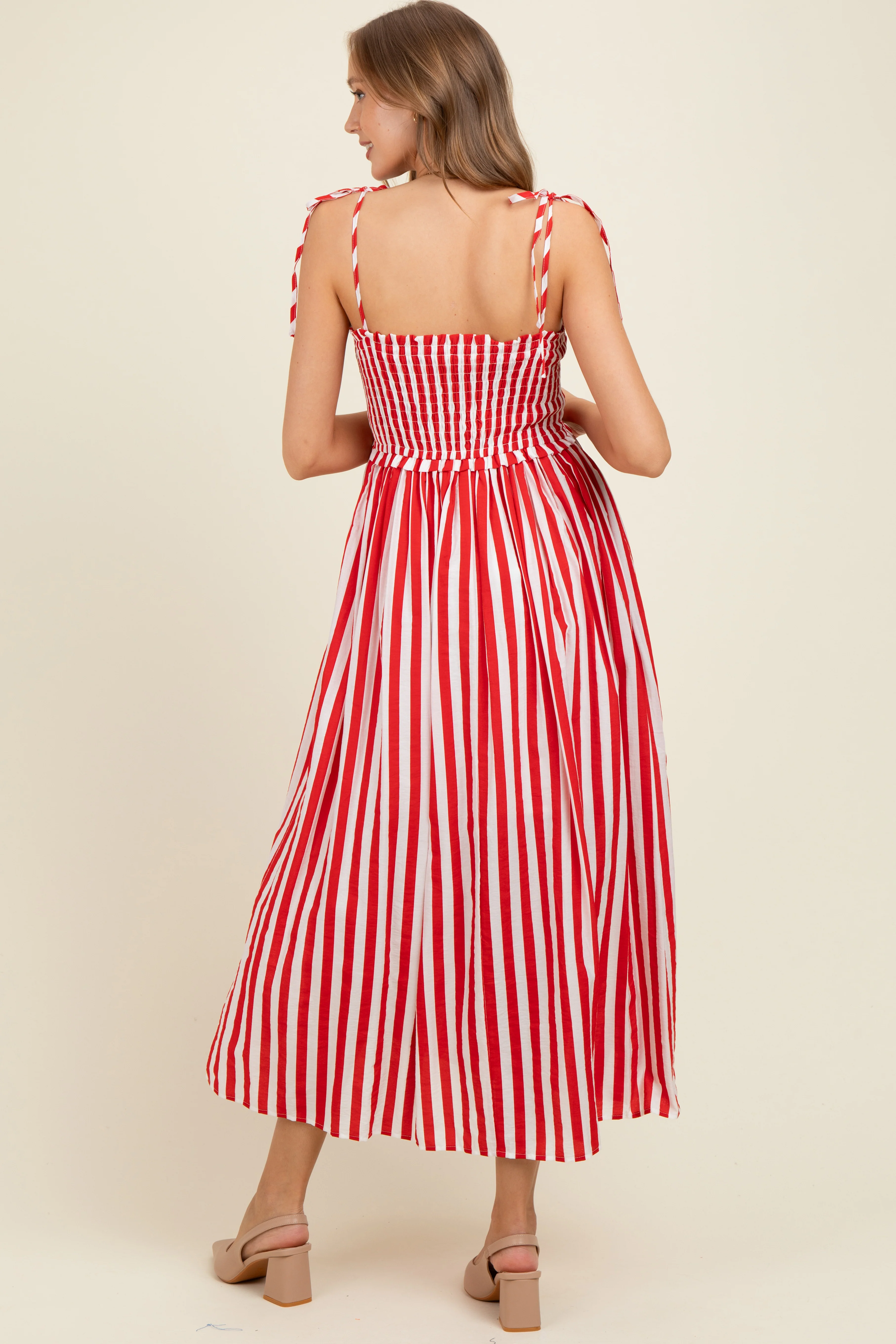 Red Striped Smocked Shoulder Tie Maternity Midi Dress - Image 4