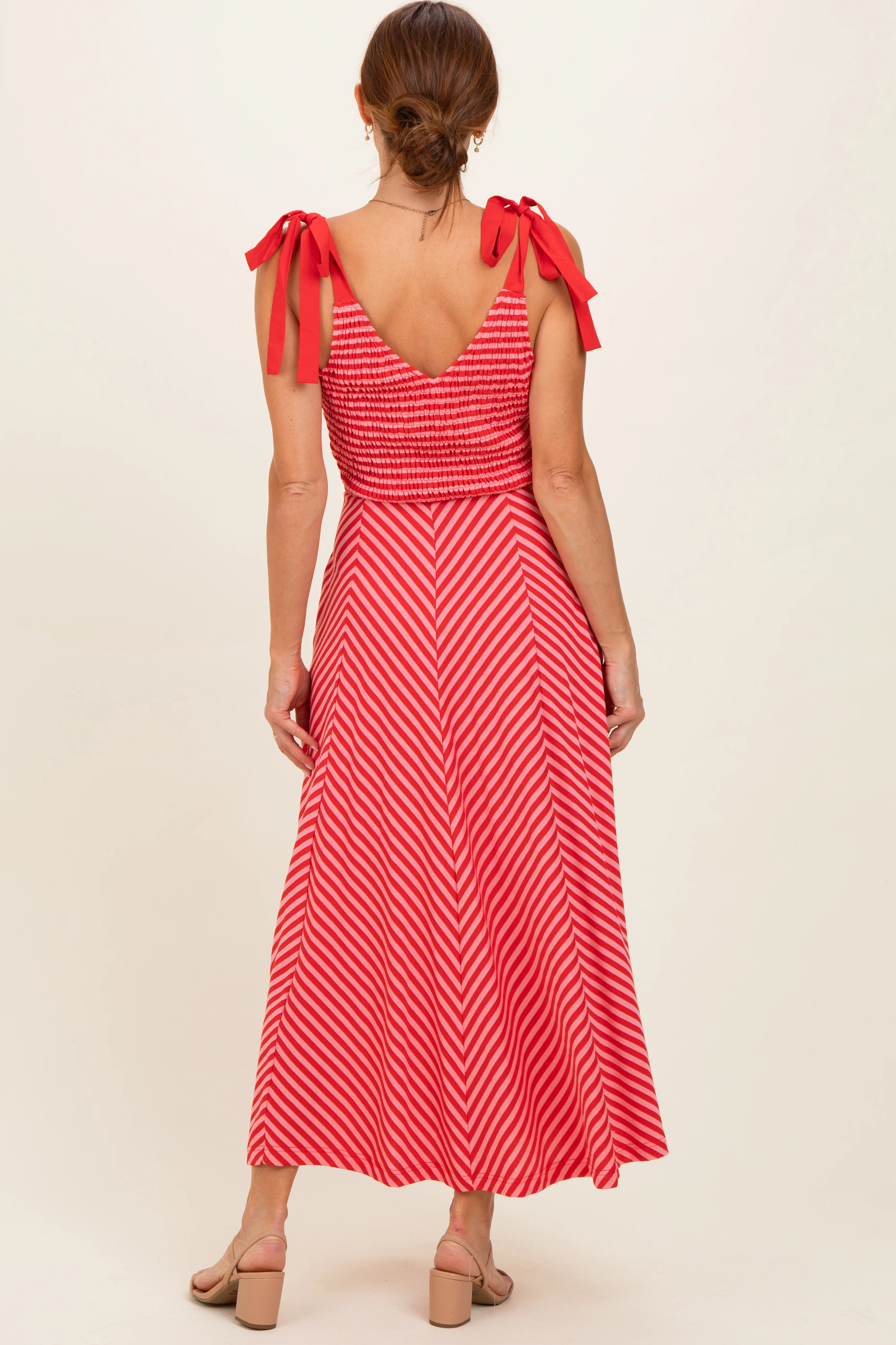 Red Striped Smocked Shoulder Tie Midi Dress - Image 3