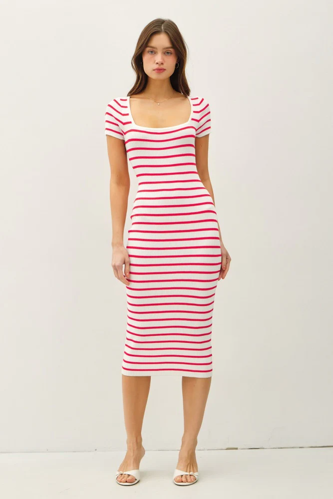 Red Striped Square Neck Short Sleeve Maternity Midi Dress - Image 5