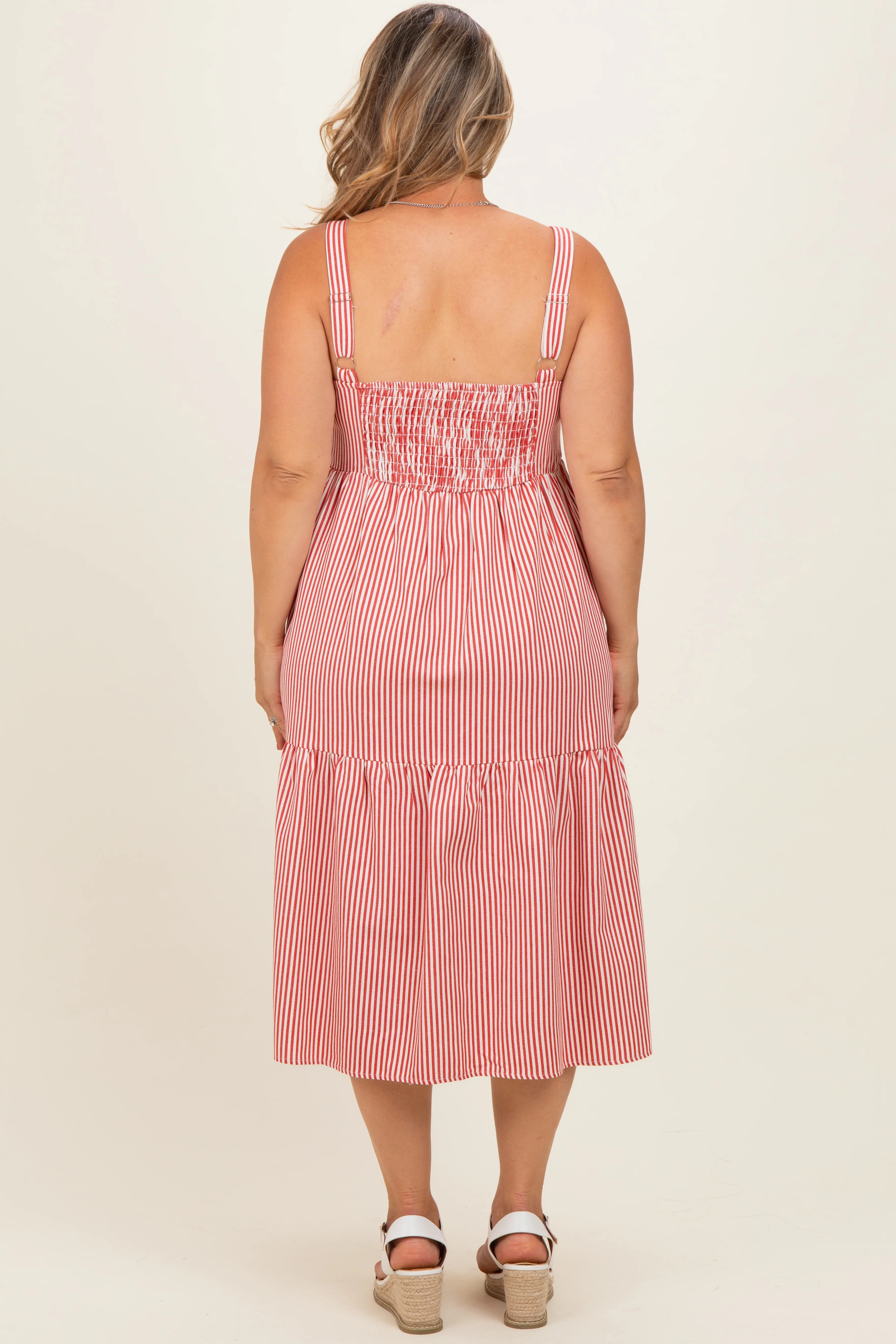 Red Striped Tiered Overall Maternity Plus Dress - Image 3