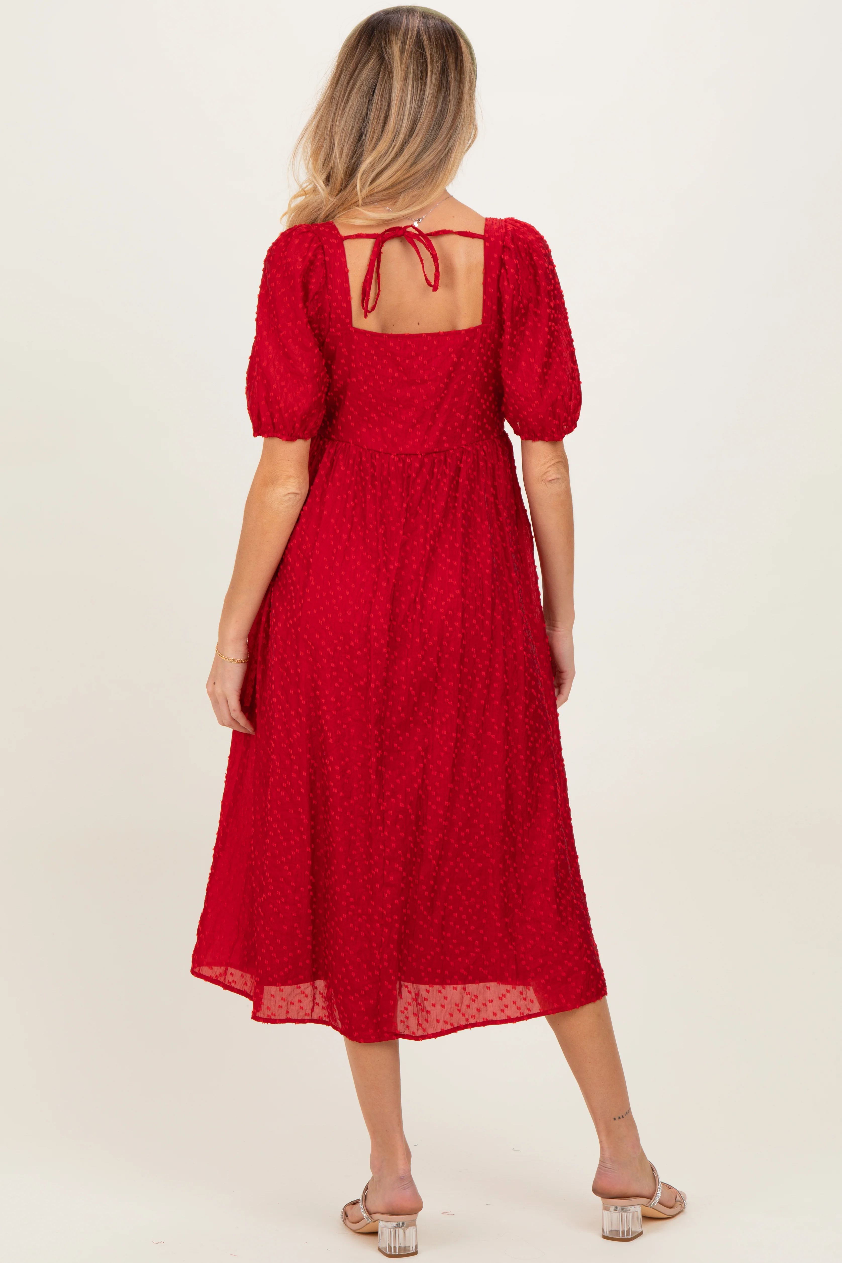 Red Swiss Dot Puff Sleeve Maternity Midi Dress - Image 5