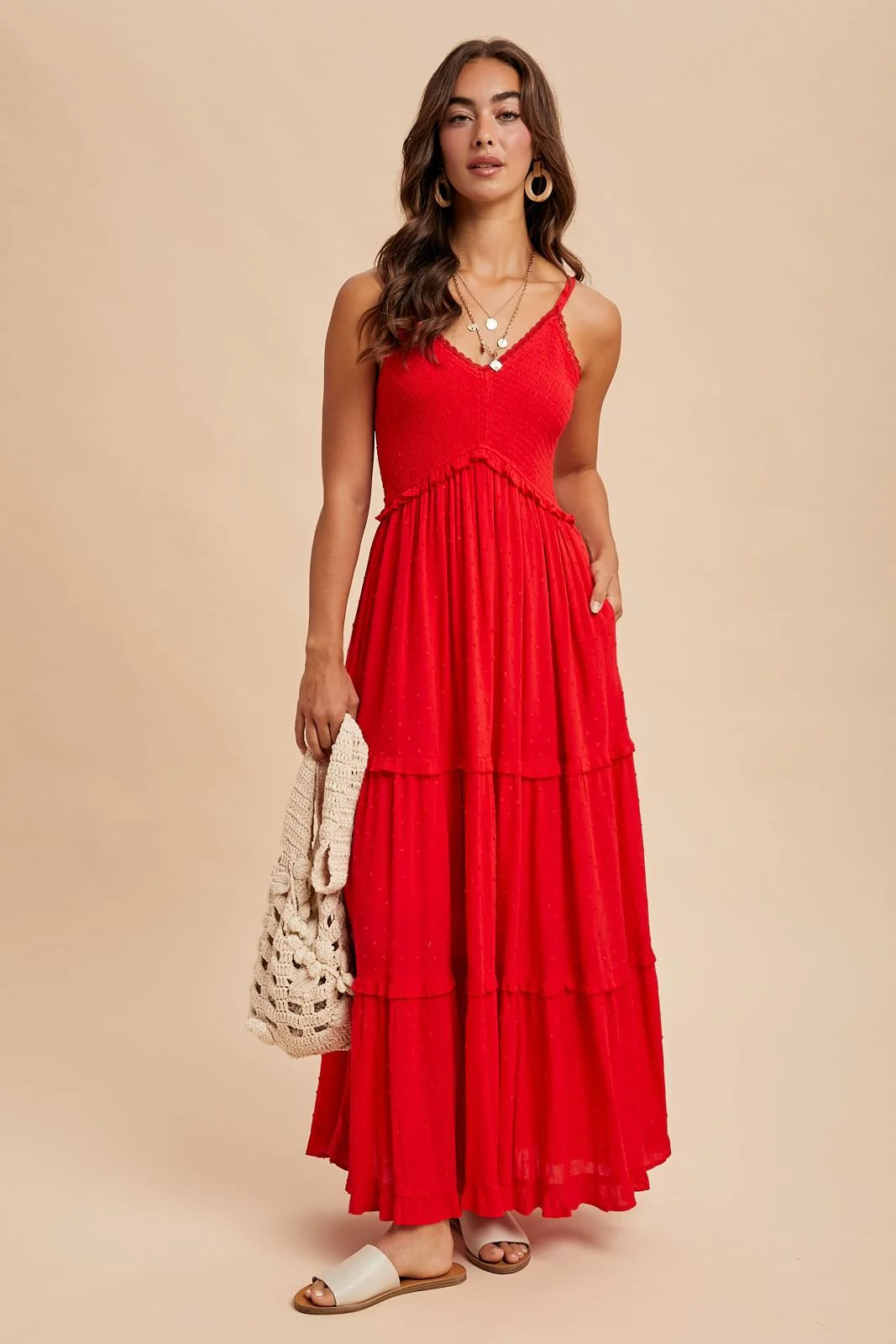 Red Swiss Dot Smocked Sleeveless Maternity Maxi Dress - Image 5