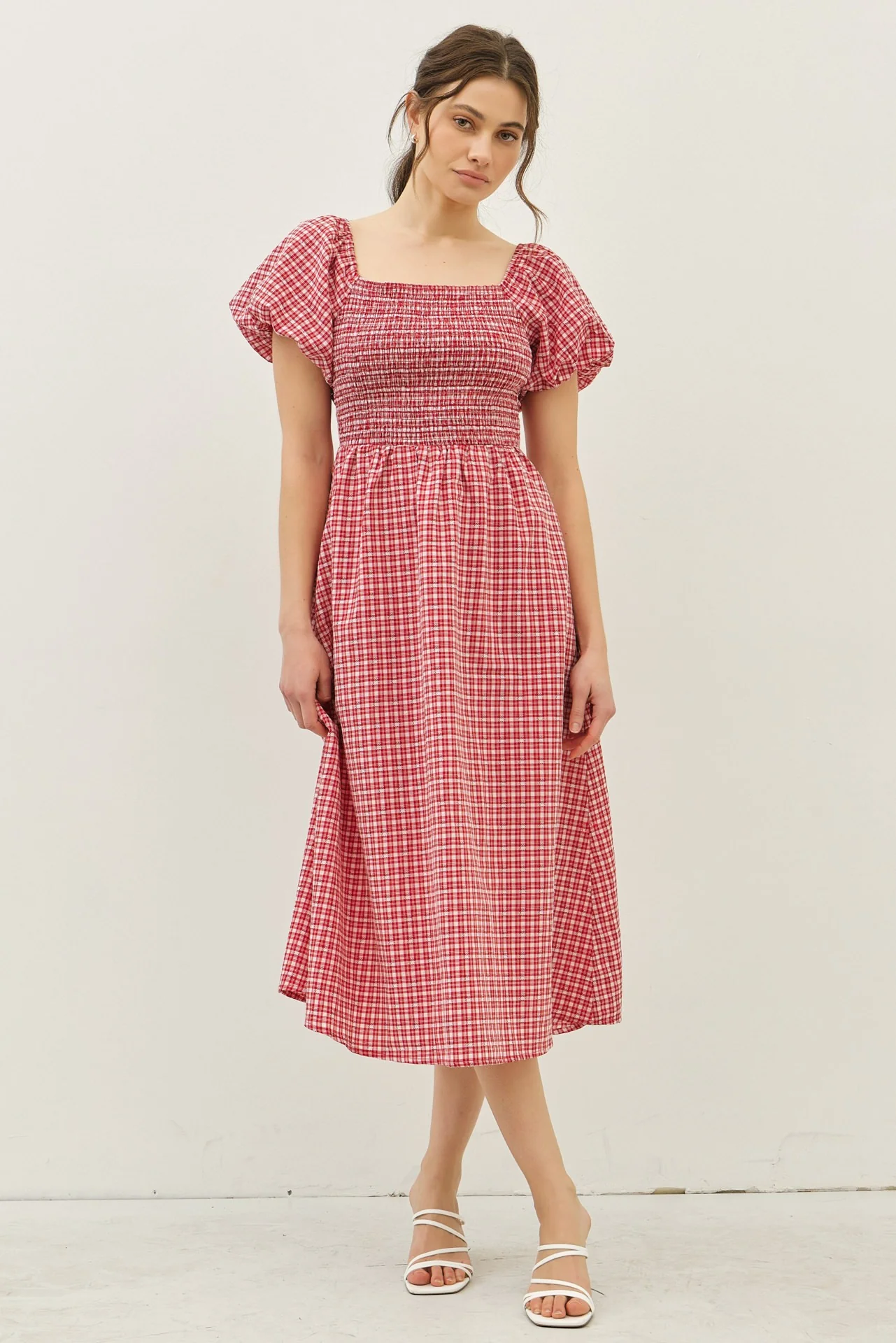 Red Textured Plaid Pen Back Maternity Midi Dress - Image 4