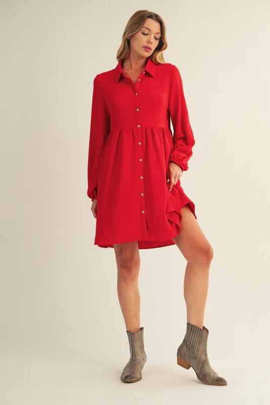 Red Tiered Back Detail Button Down Dress - Image 3