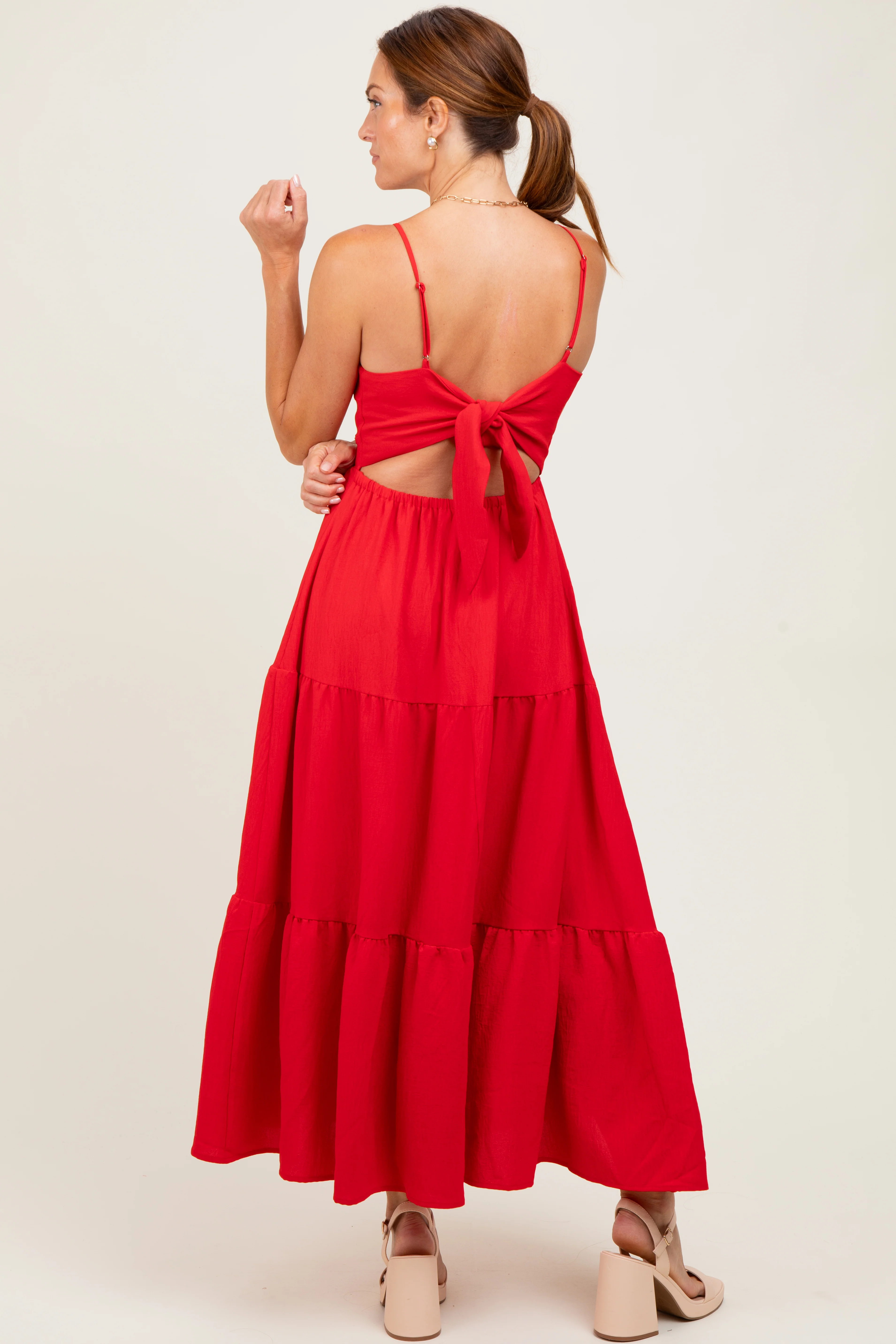 Red Tiered Cutout Tie Back Midi Dress - Image 4