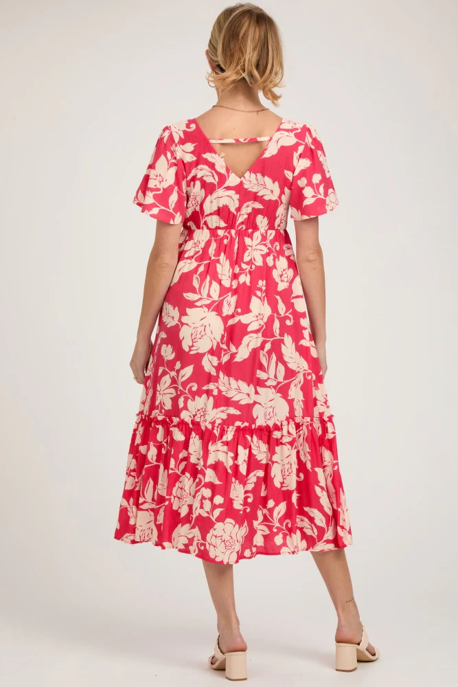 Red Tropical Print Ruffle Maternity Midi Dress - Image 4