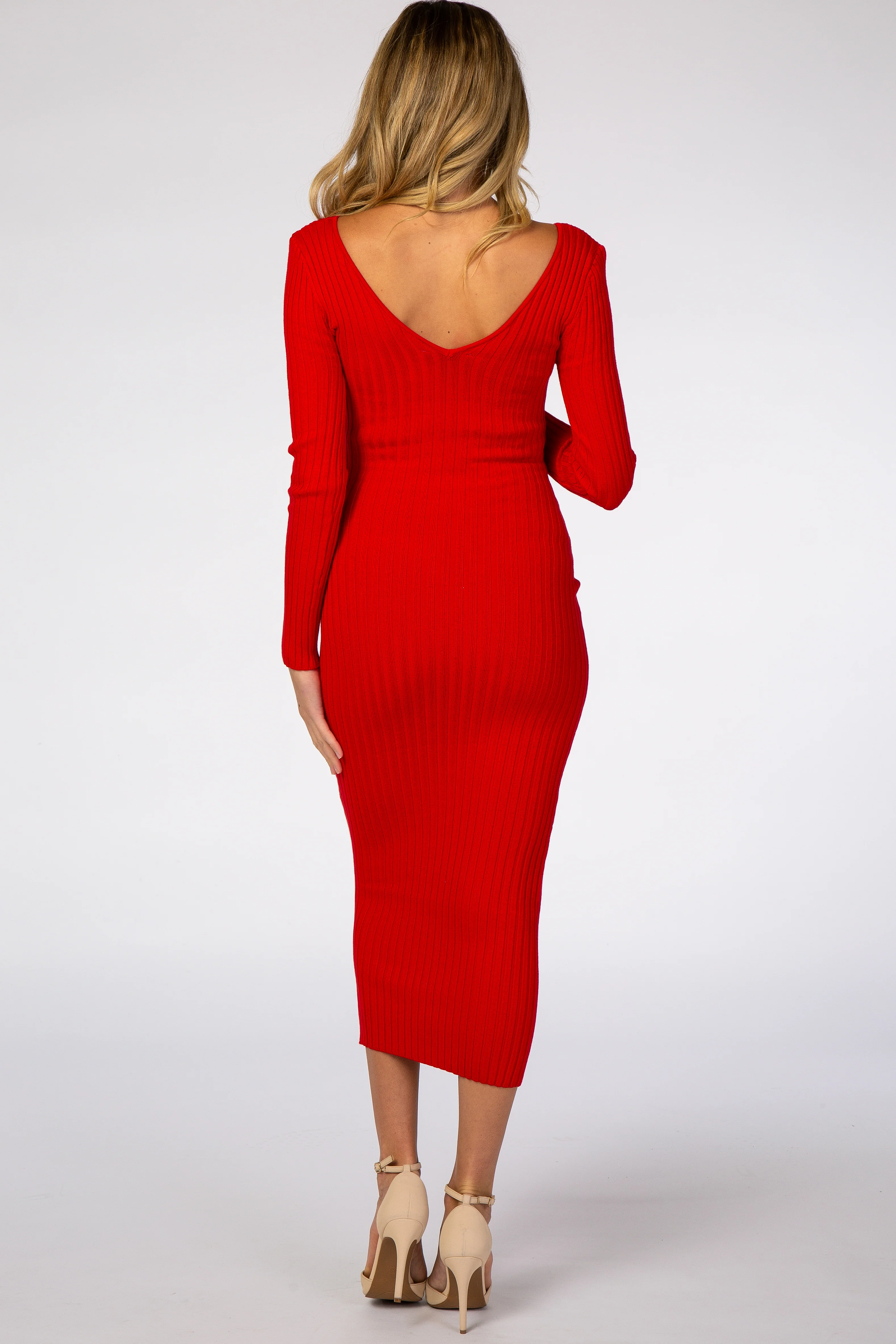 Red V-Neck Long Sleeve Fitted Maternity Maxi Dress - Image 2