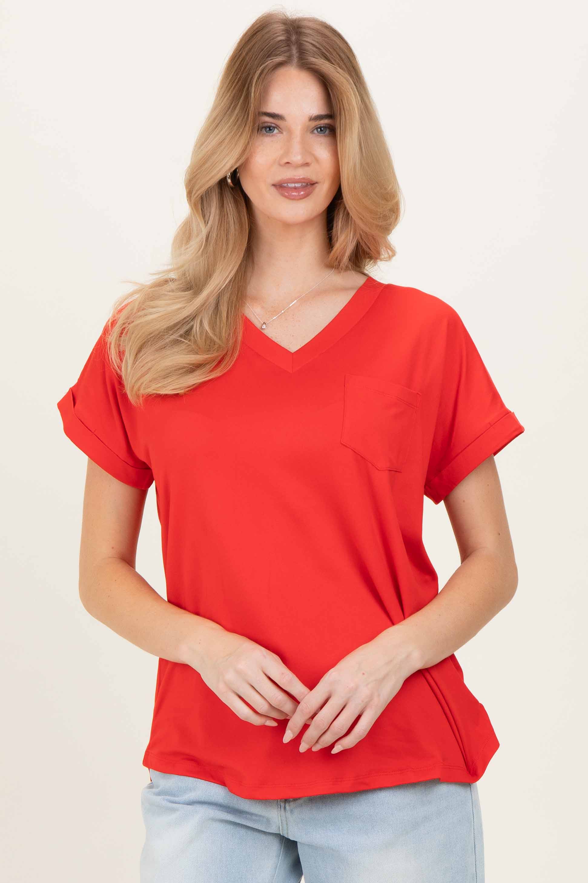 Red V-Neck Pocket Short Sleeve Maternity Shirt - Image 4