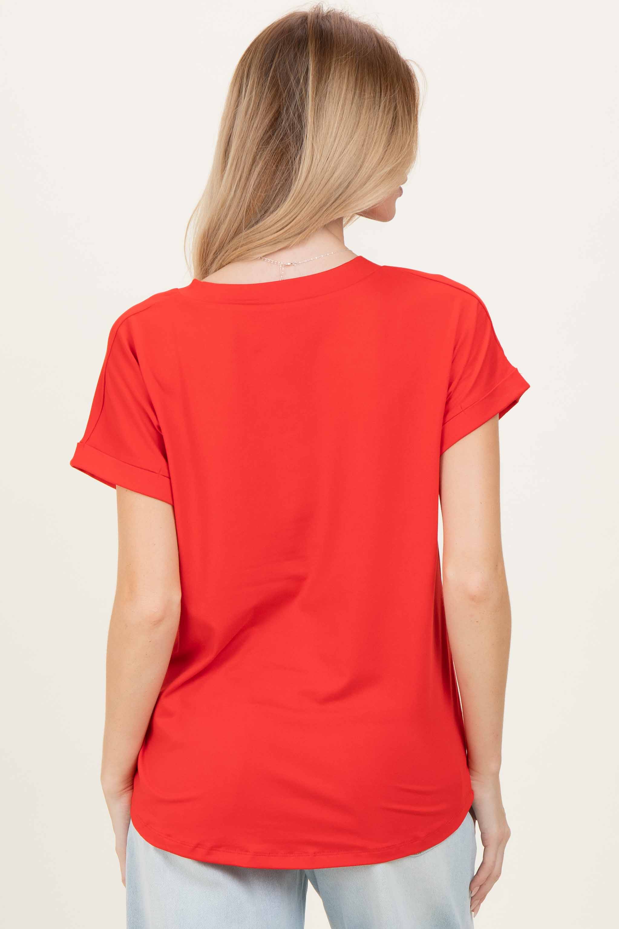 Red V-Neck Pocket Short Sleeve Shirt - Image 4
