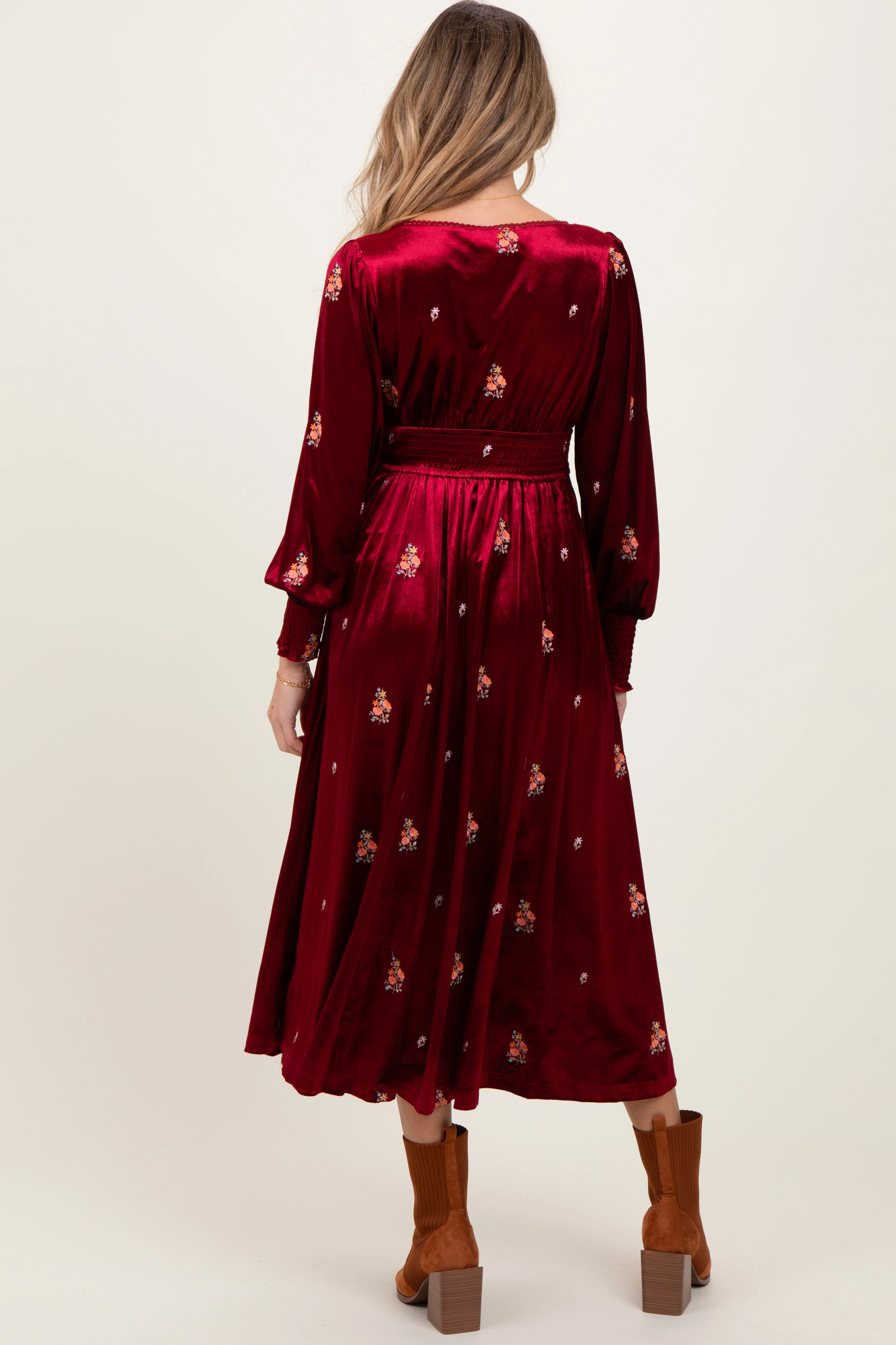 Red Velvet Embroidered Floral Maternity Midi Dress - Image 3