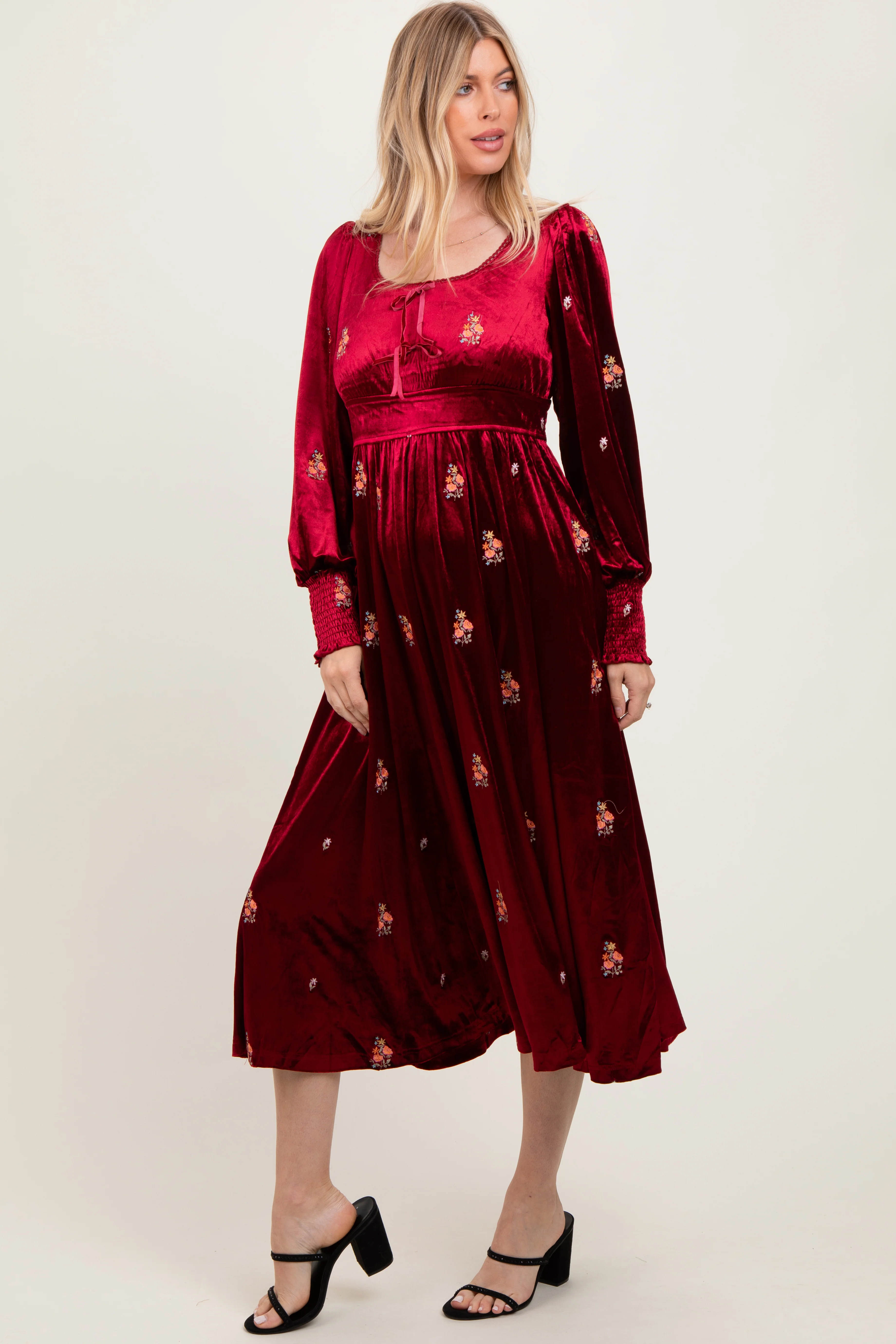 Red Velvet Embroidered Floral Midi Dress - Image 3