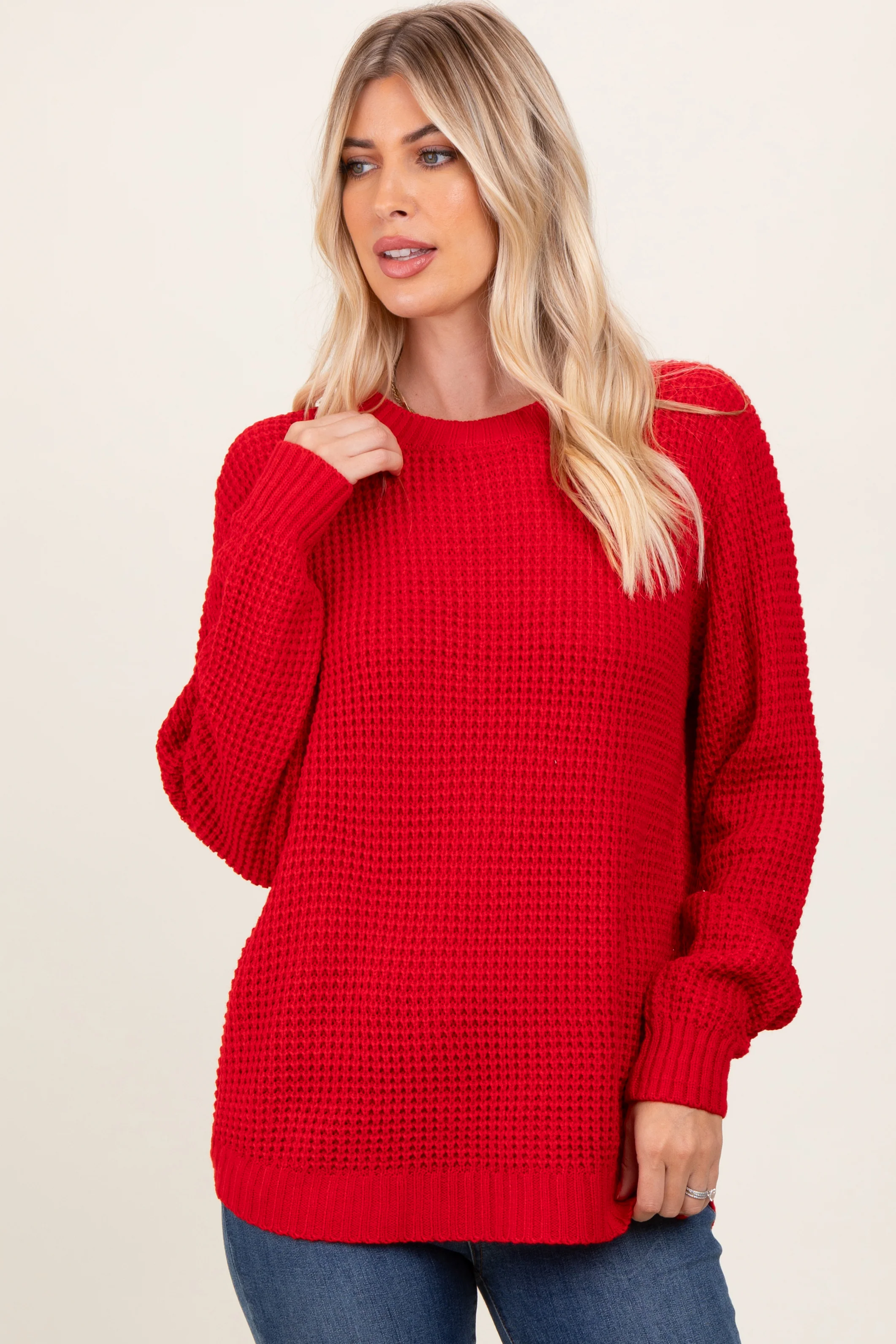 Red Waffle Knit Rounded Hem Maternity Sweater - Image 5
