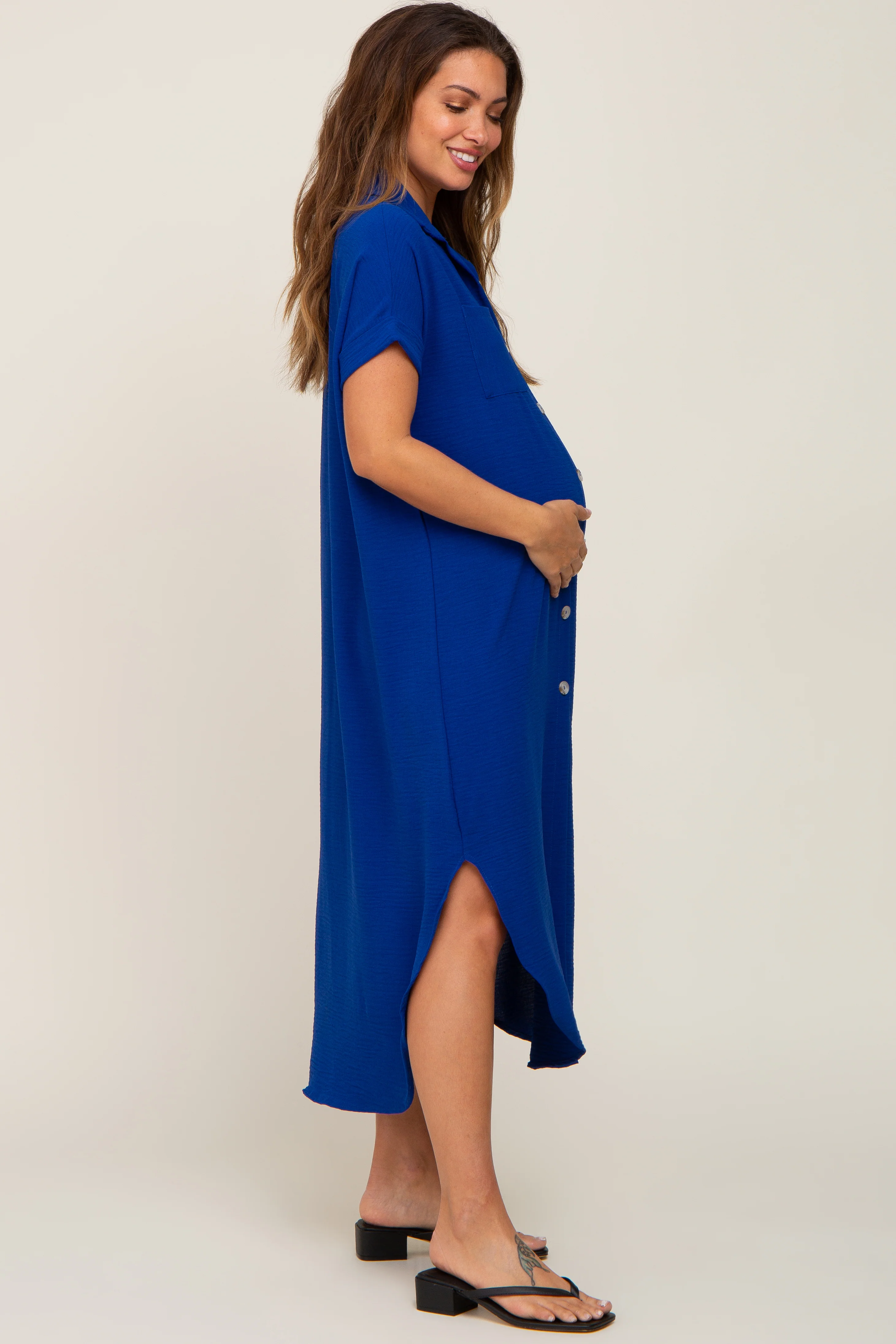 Royal Blue Button Down Hi Low Maternity Maxi Dress - Image 2