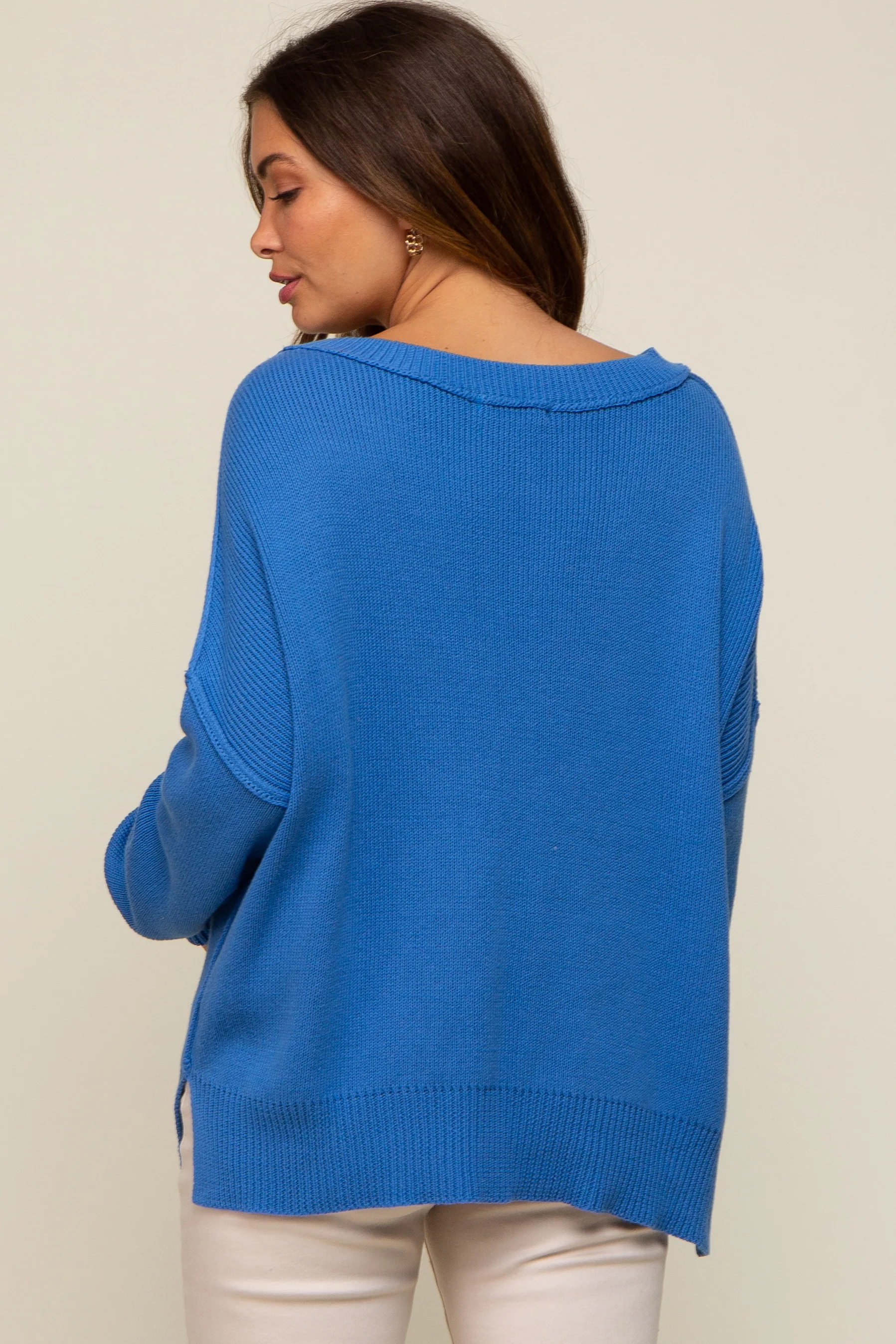 Royal Blue Exposed Seam Side Slit Maternity Sweater - Image 4