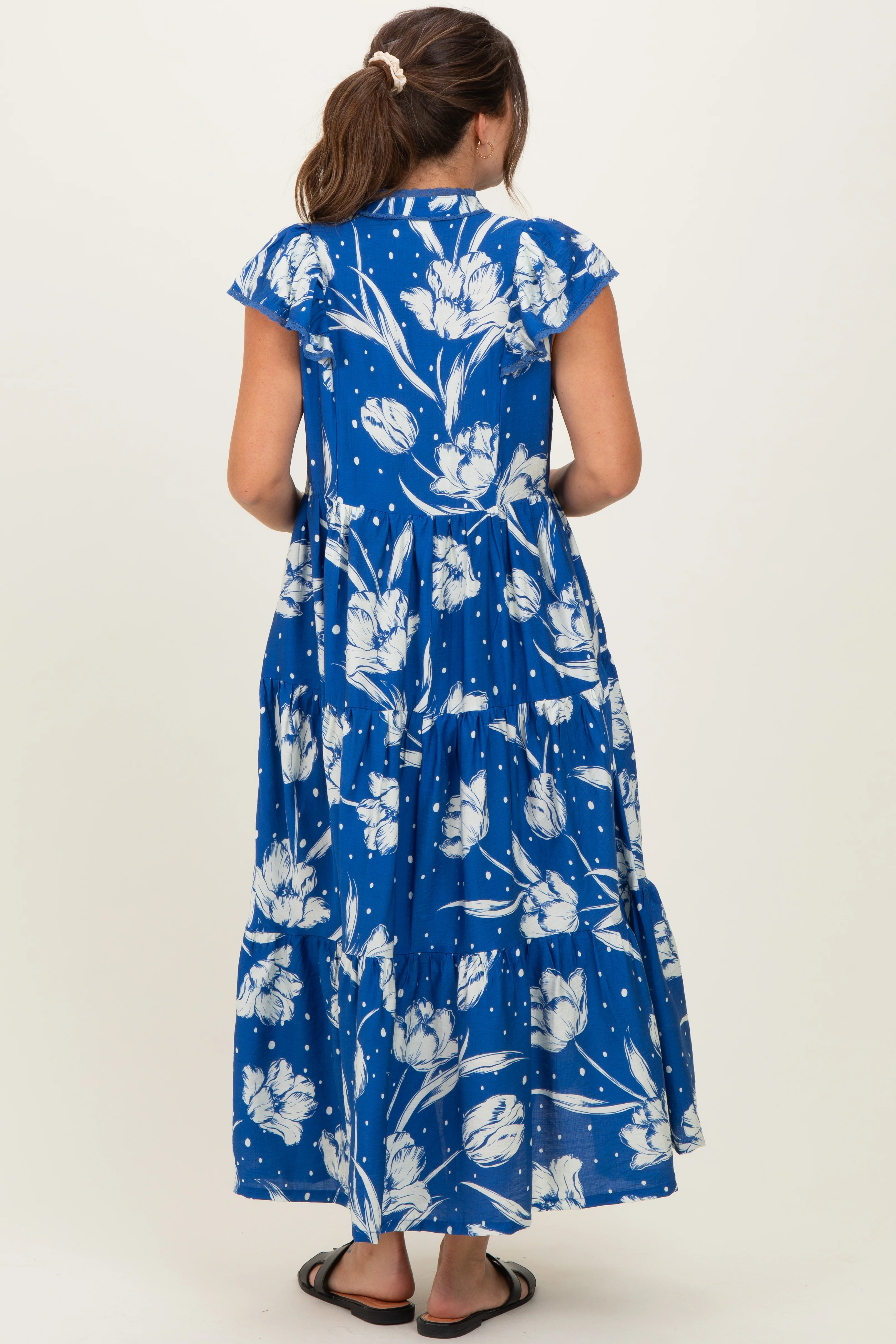 Royal Blue Floral Crochet Lace Accent Maternity Midi Dress - Image 3