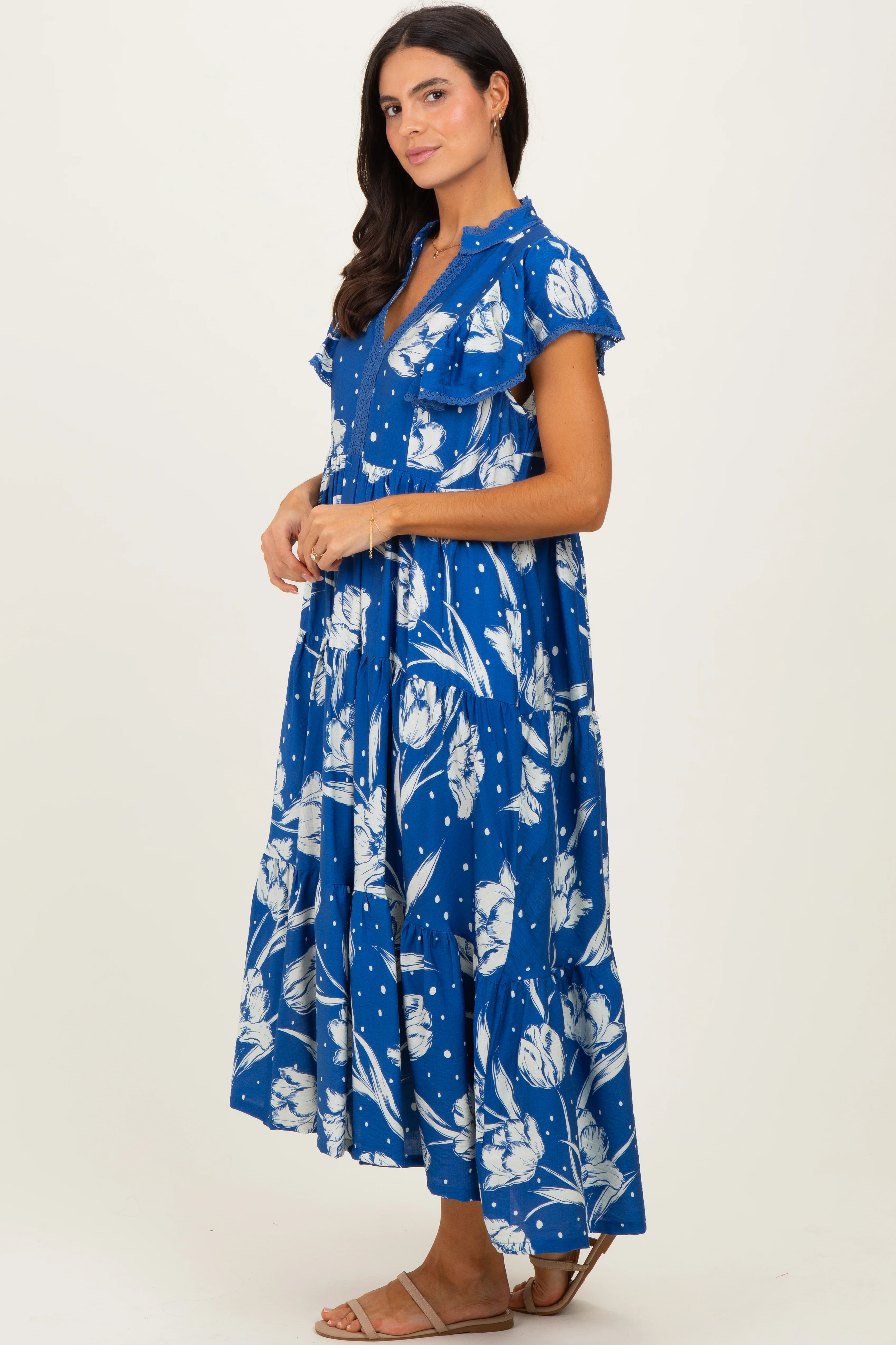 Royal Blue Floral Crochet Lace Accent Midi Dress - Image 2