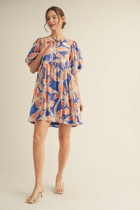 Royal Blue Floral Front Tie Puff Sleeve Dress - Image 4