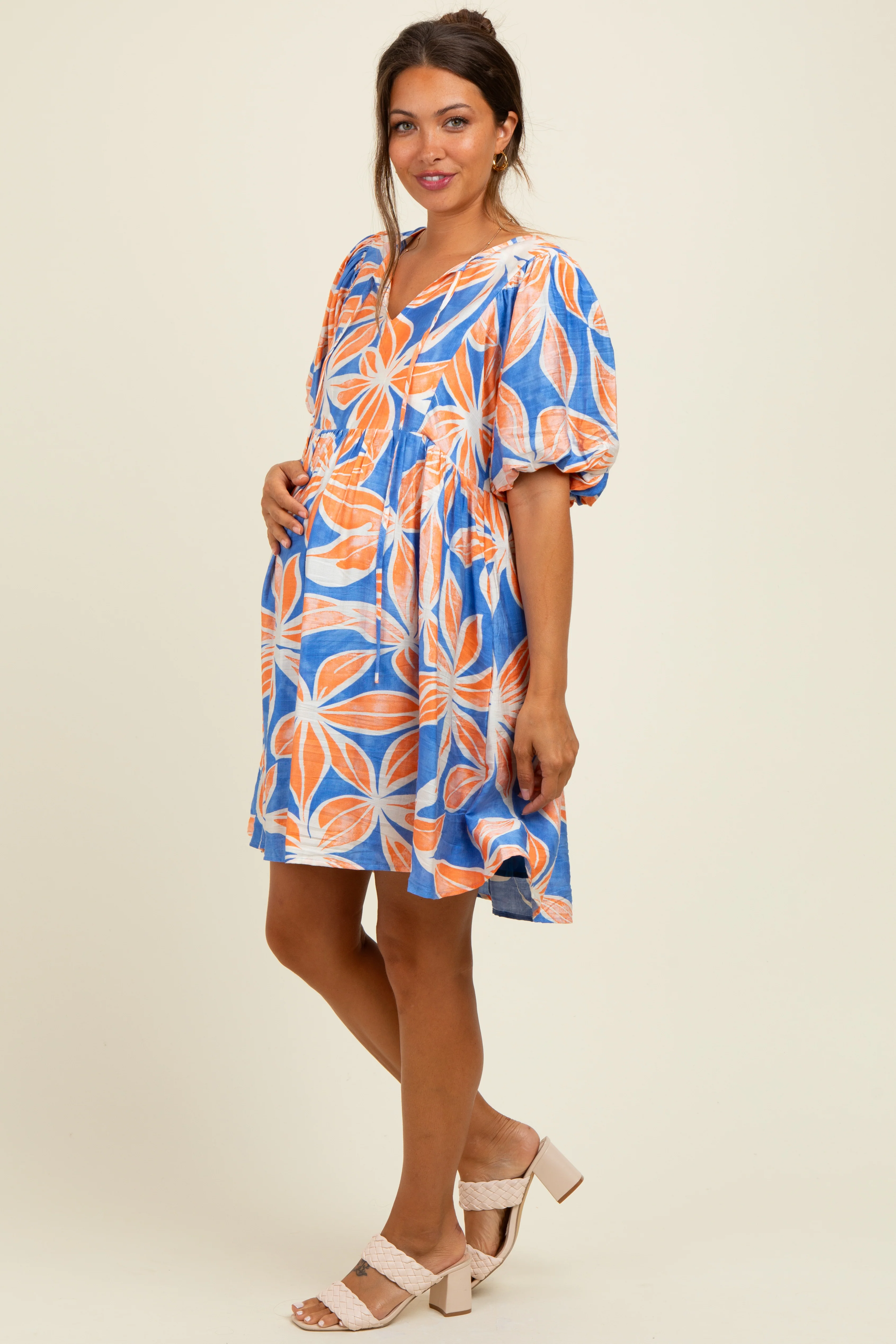 Royal Blue Floral Front Tie Puff Sleeve Maternity Dress - Image 3