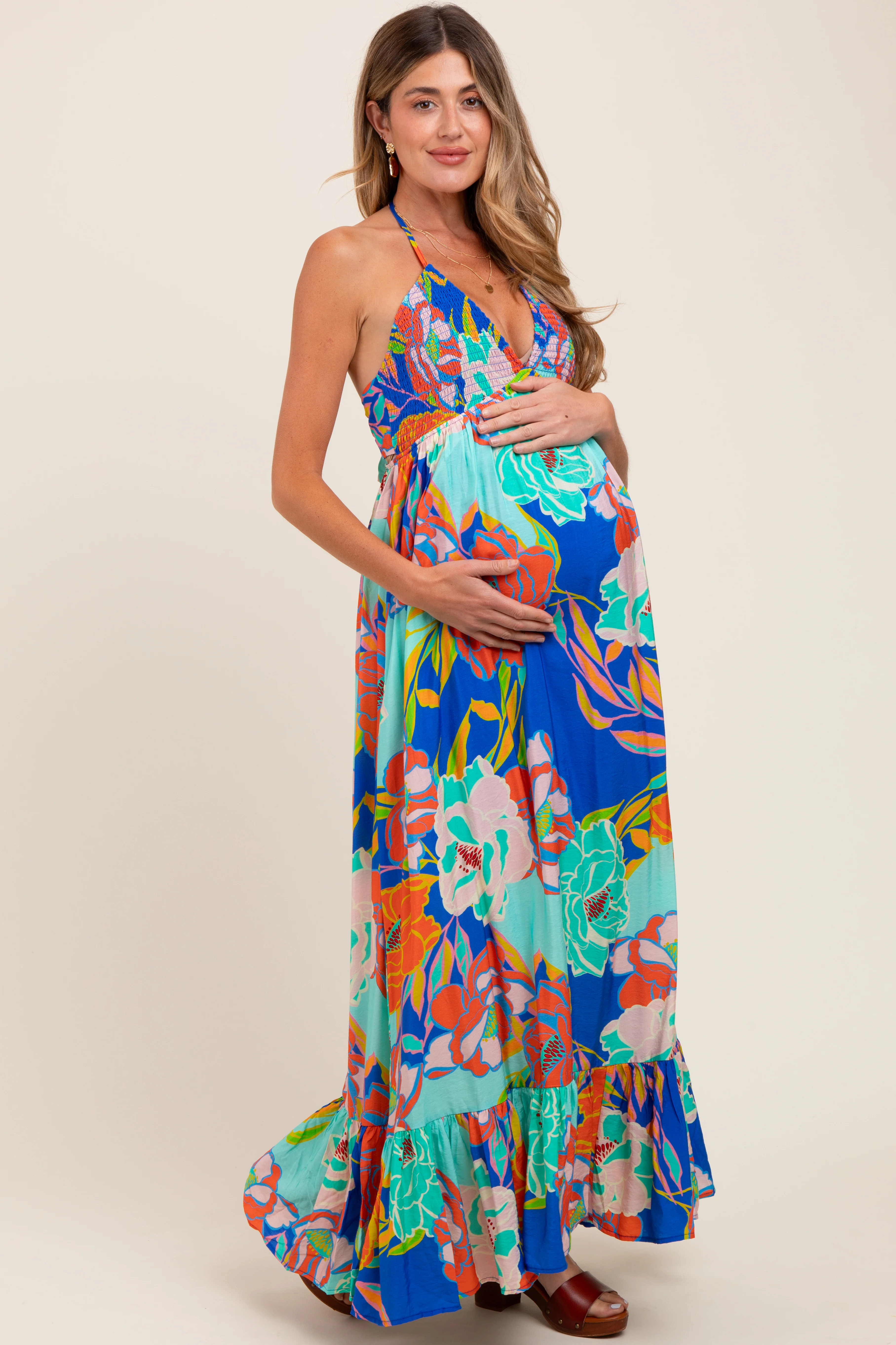 Royal Blue Floral Halter Cutout Tie Back Maternity Maxi Dress - Image 4