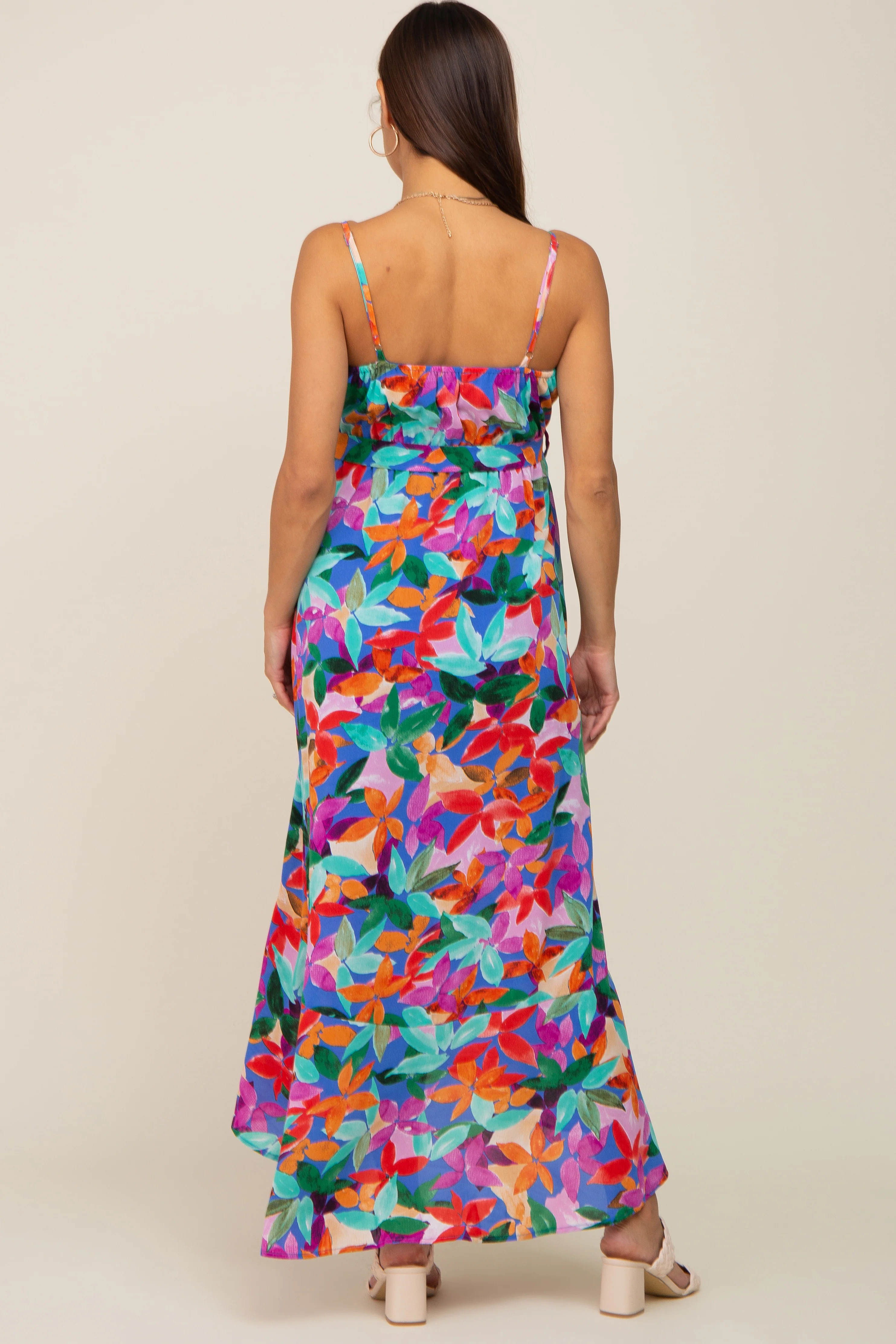 Royal Blue Floral Hi-Lo Maternity Wrap Maxi Dress - Image 4