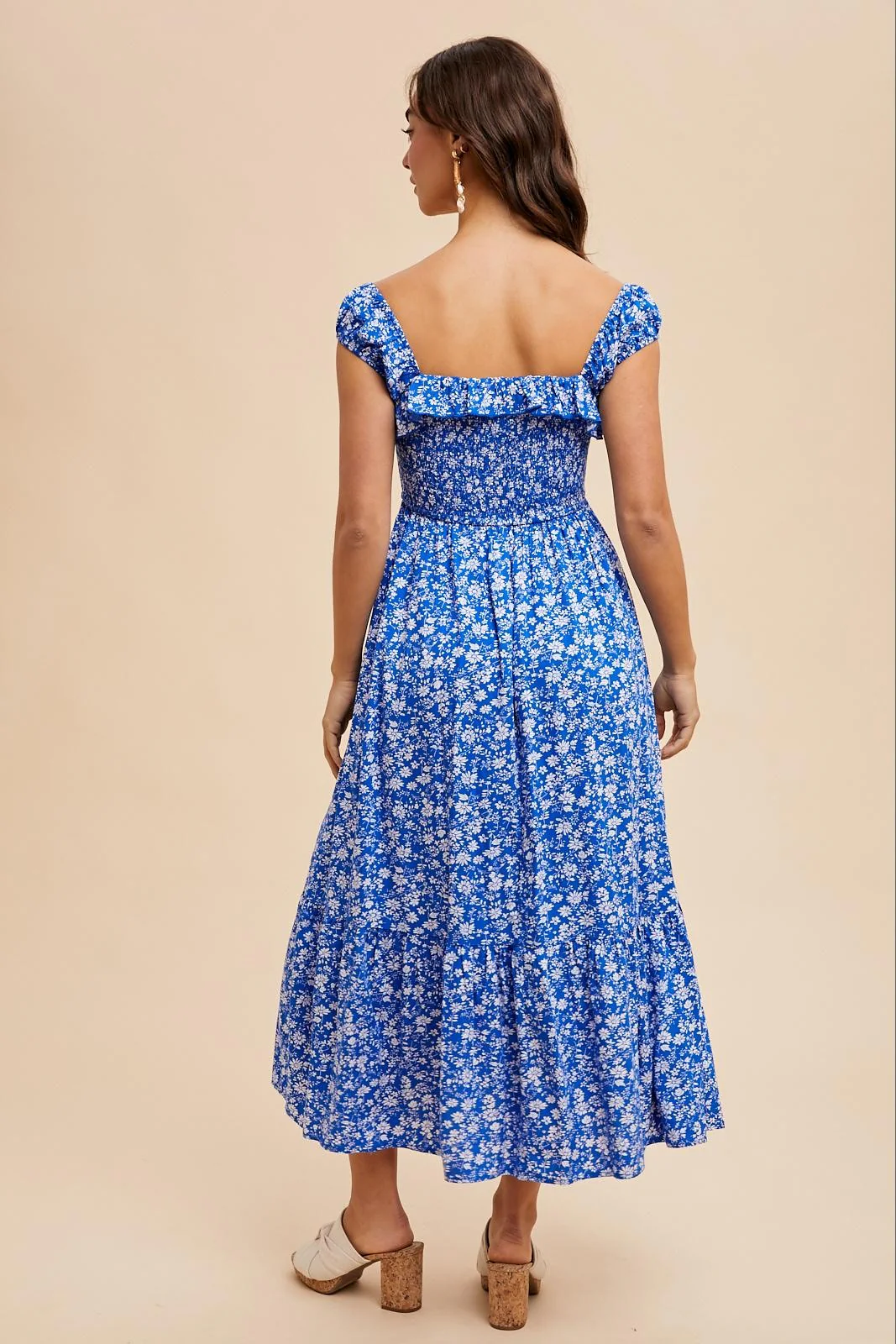 Royal Blue Floral Smocked Ruffle Detail Midi Dress - Image 4