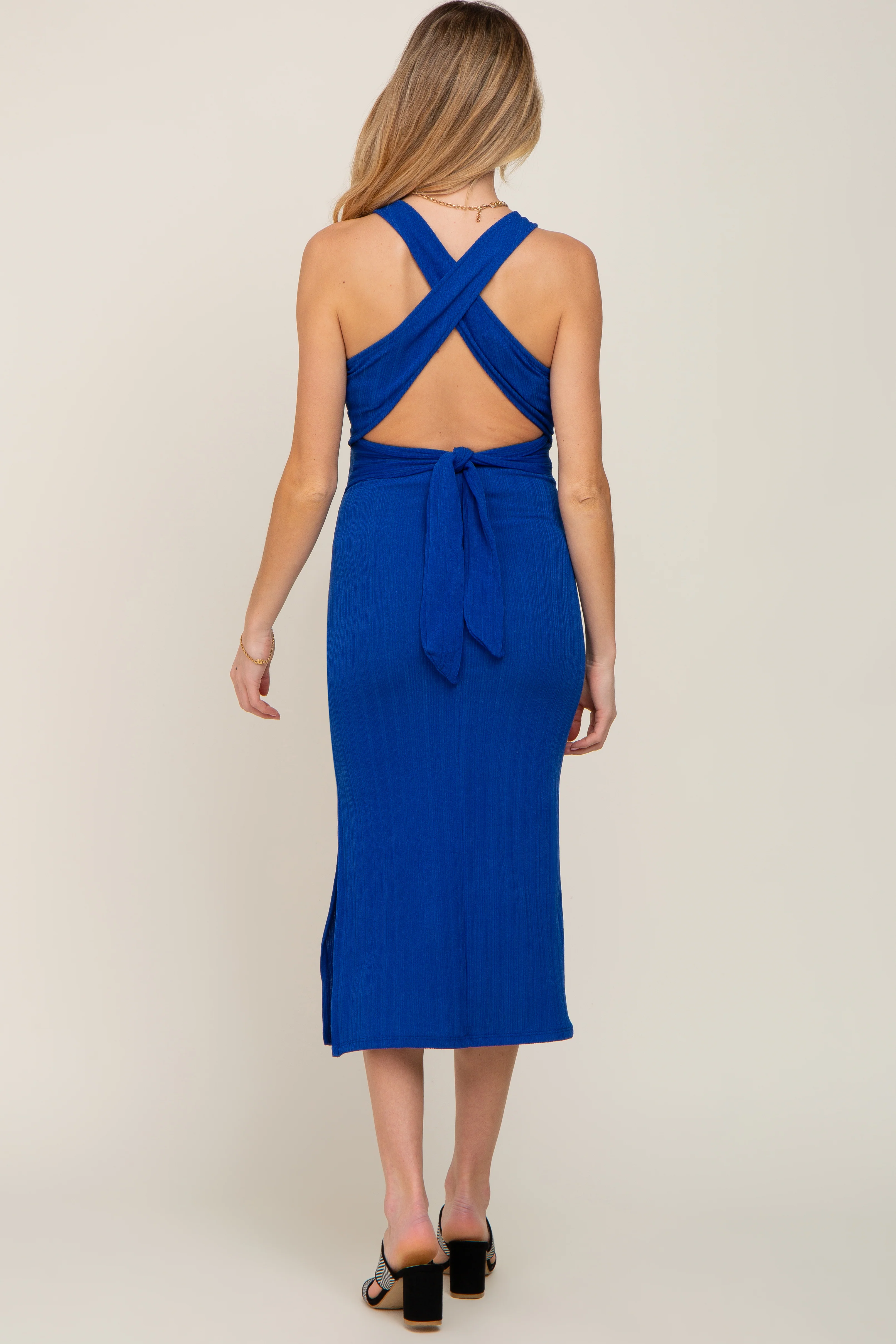 Royal Blue Knit Cross Back Maternity Midi Dress - Image 3