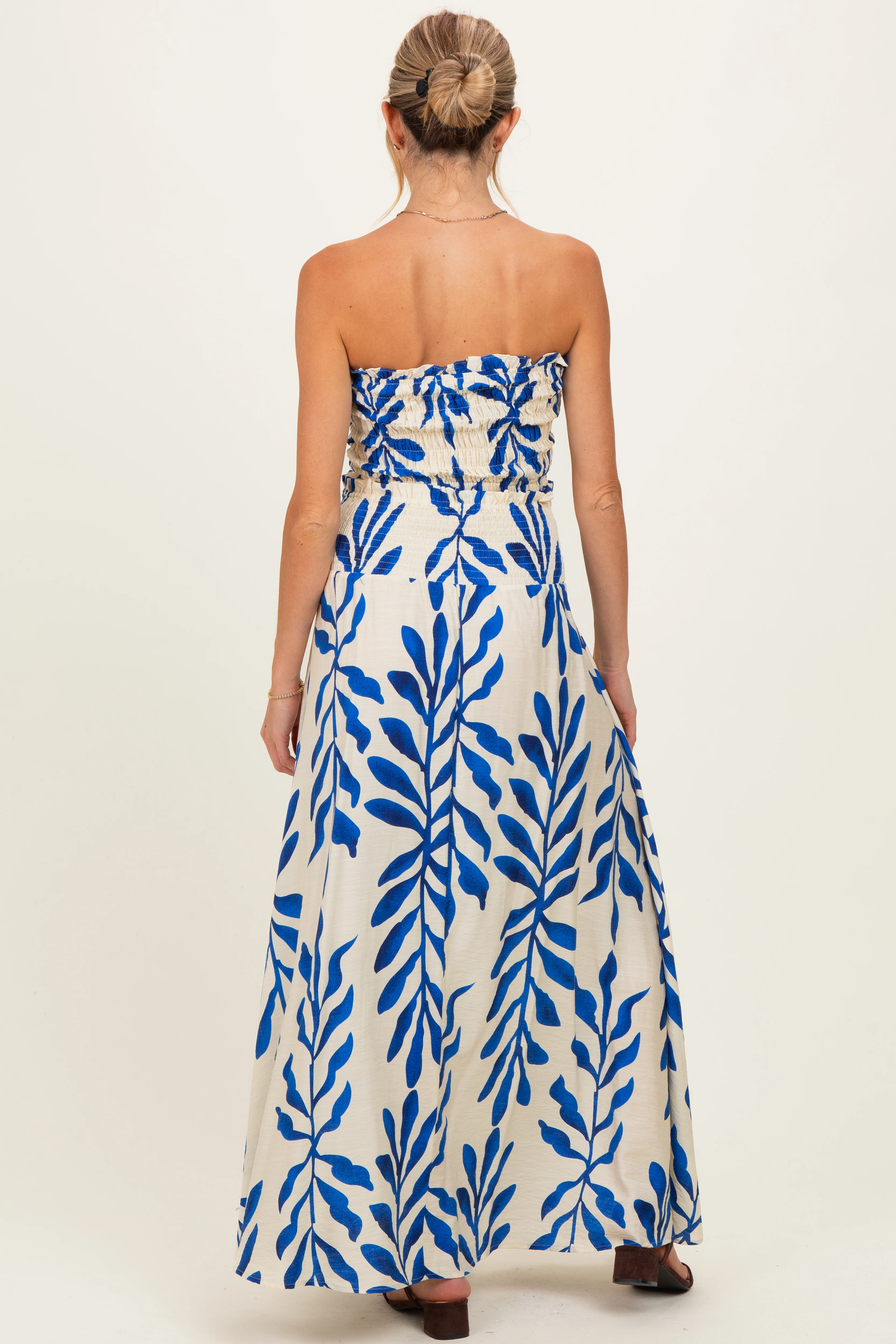 Royal Blue Leaf Print Smocked Crop Top Maxi Skirt Maternity Set - Image 3