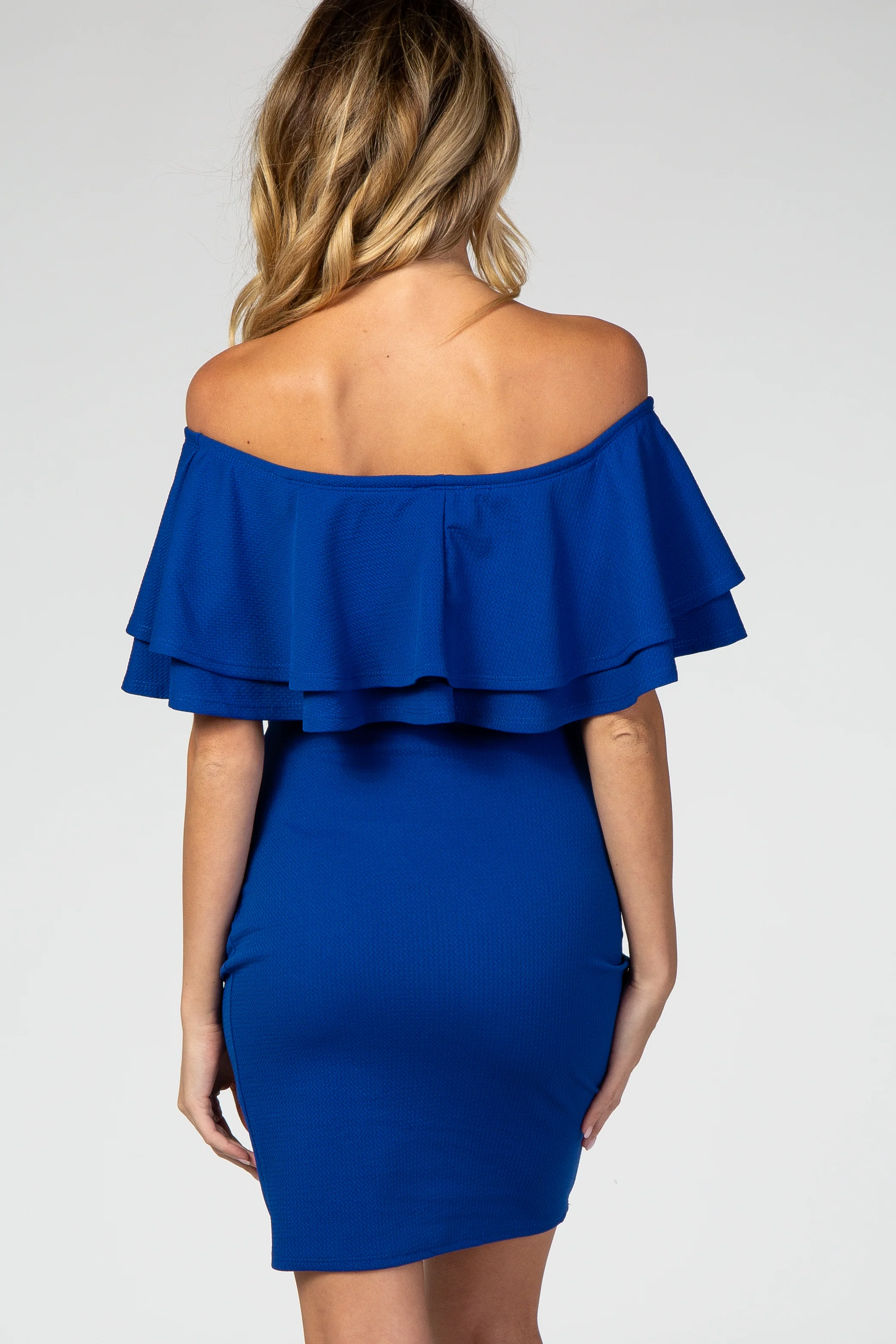 Royal Blue Off Shoulder Ruched Maternity Dress - Image 4