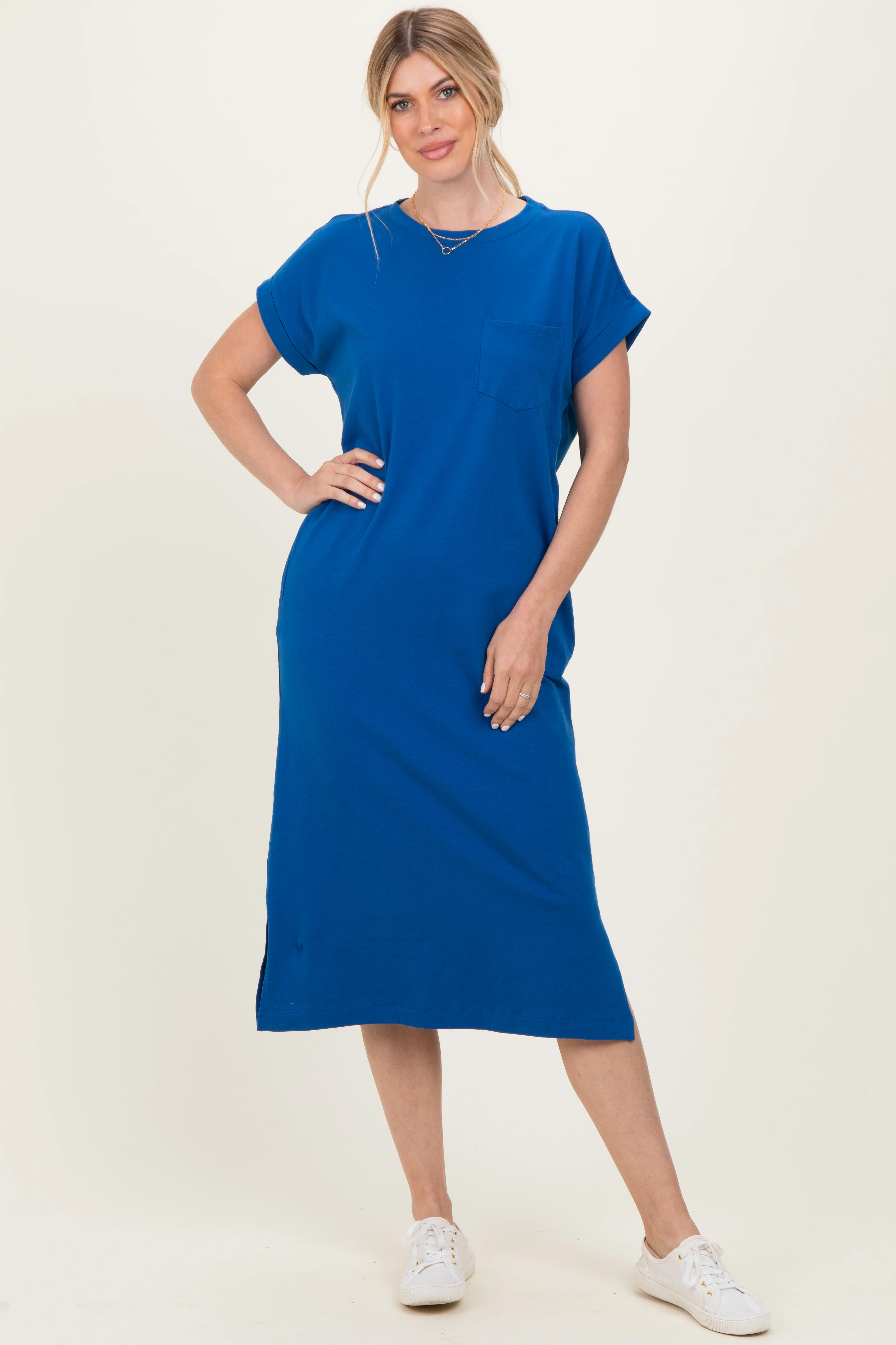 Royal Blue Pocket Front Maternity Midi T-Shirt Dress - Image 5