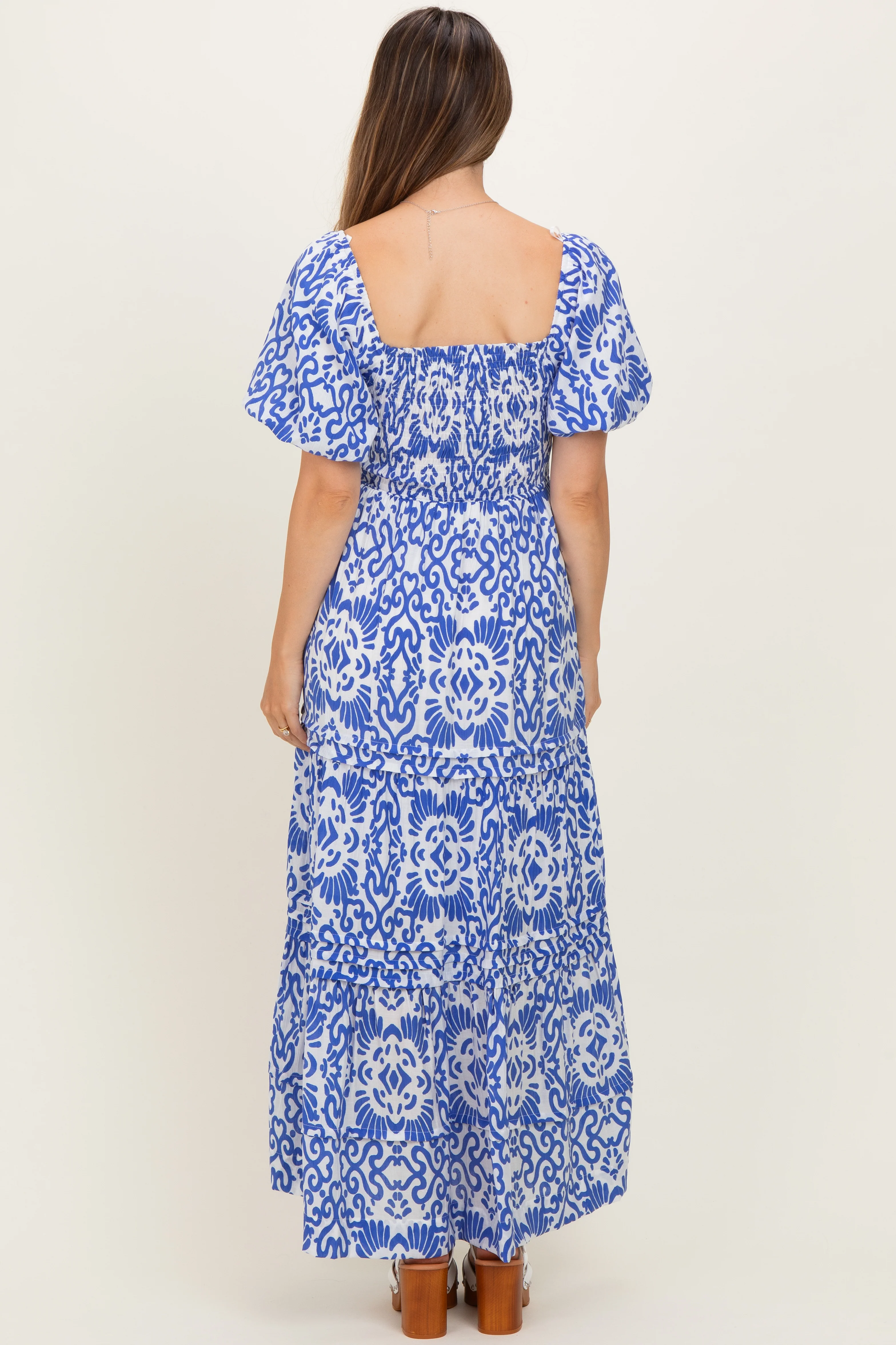 Royal Blue Printed Puff Sleeve Smocked Maternity Maxi Dress - Image 3
