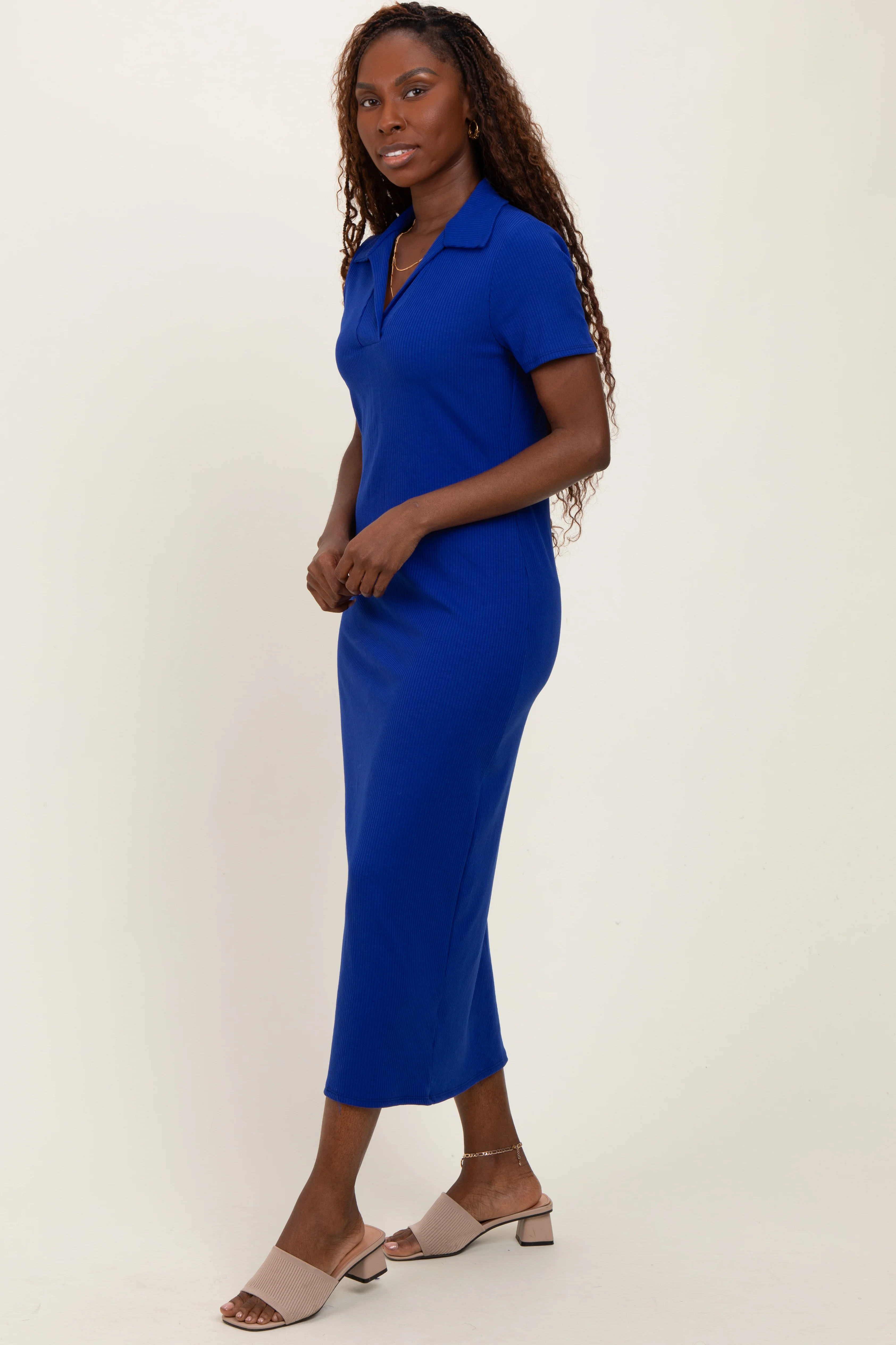 Royal Blue Ribbed Knit Polo Midi Dress - Image 3