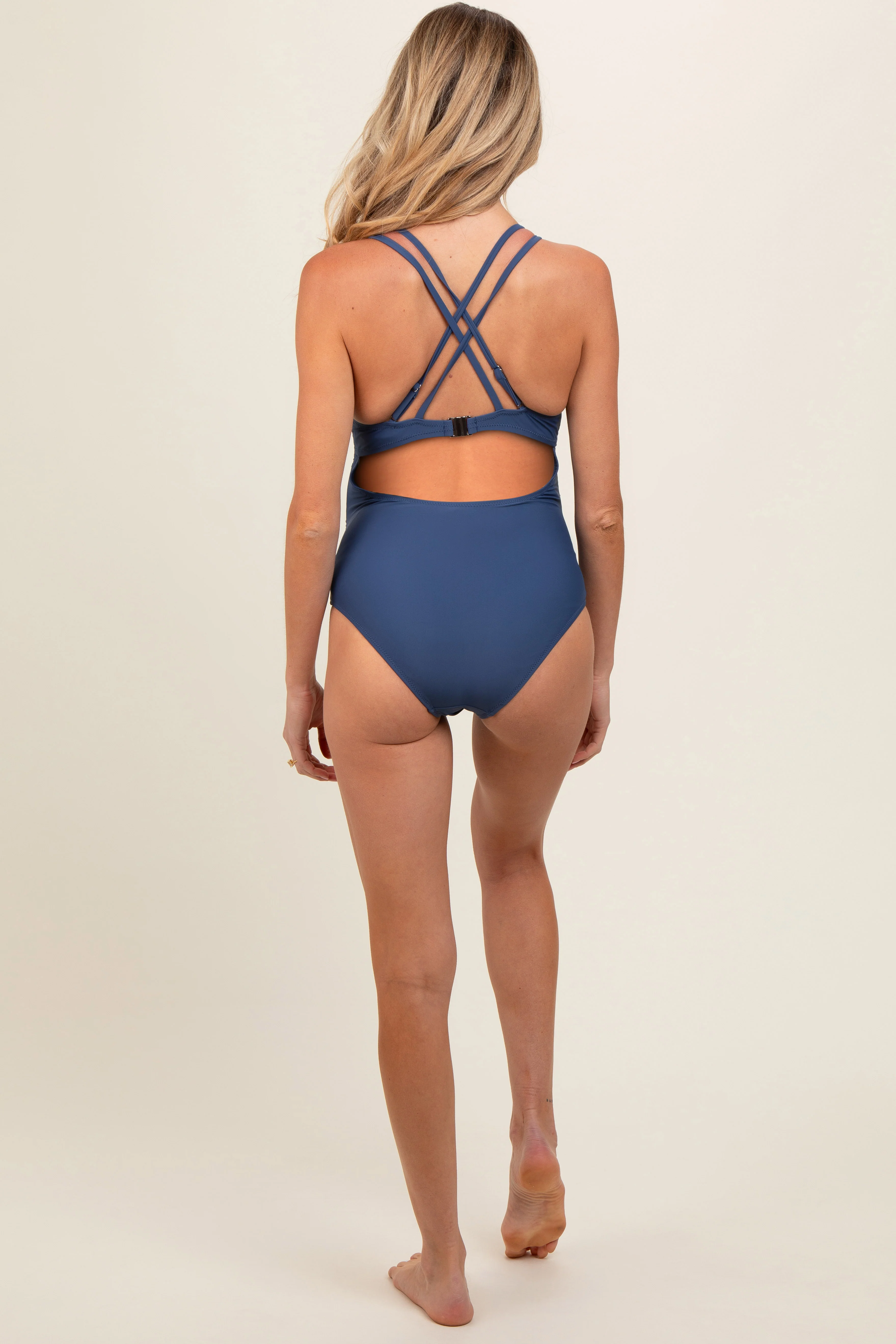 Royal Blue Ruched Side Strappy Cross Back Maternity One Piece Swimsuit - Image 4