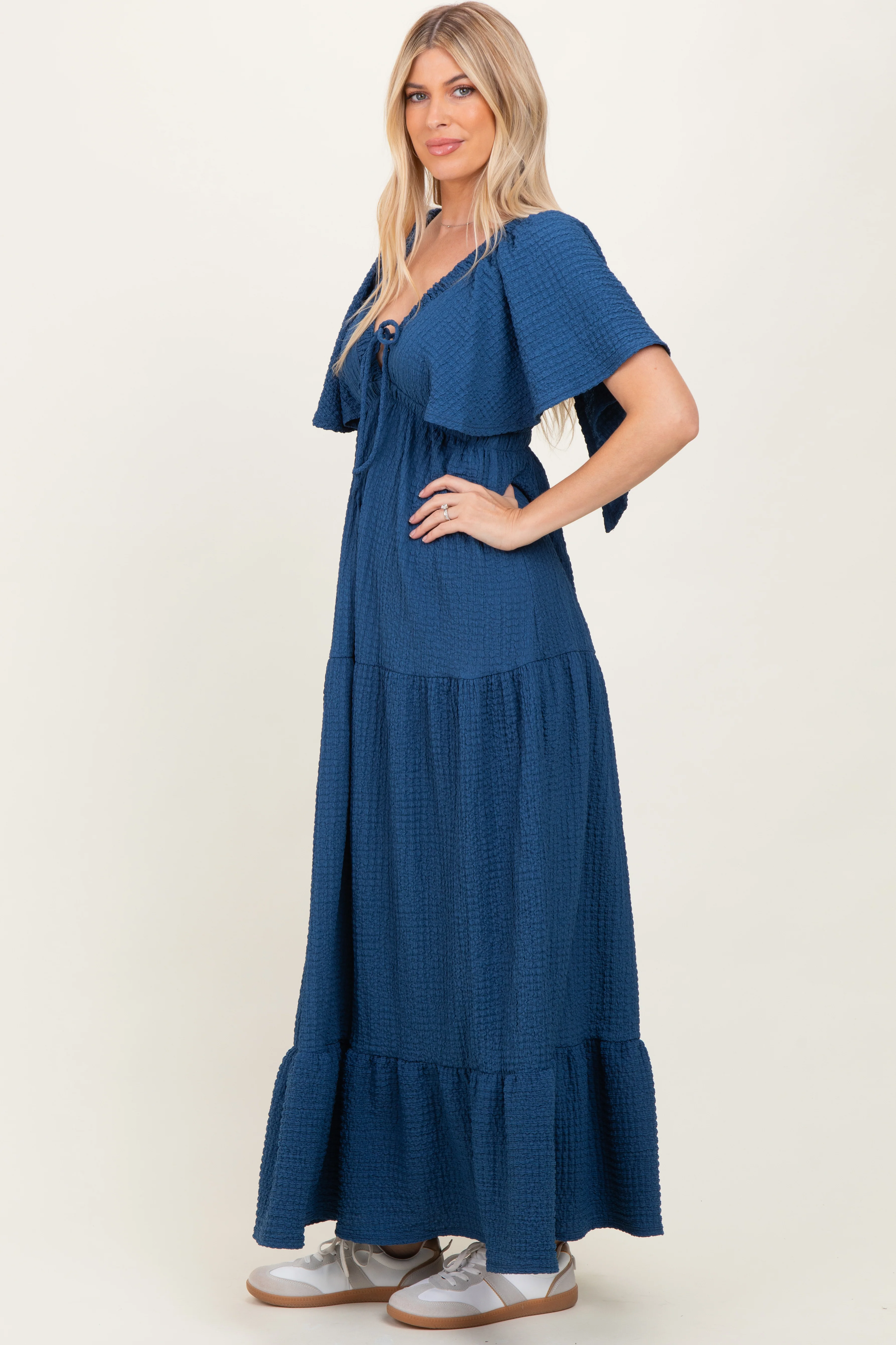Royal Blue Textured Flutter Sleeve V-Neck Tiered Maxi Dress - Image 3