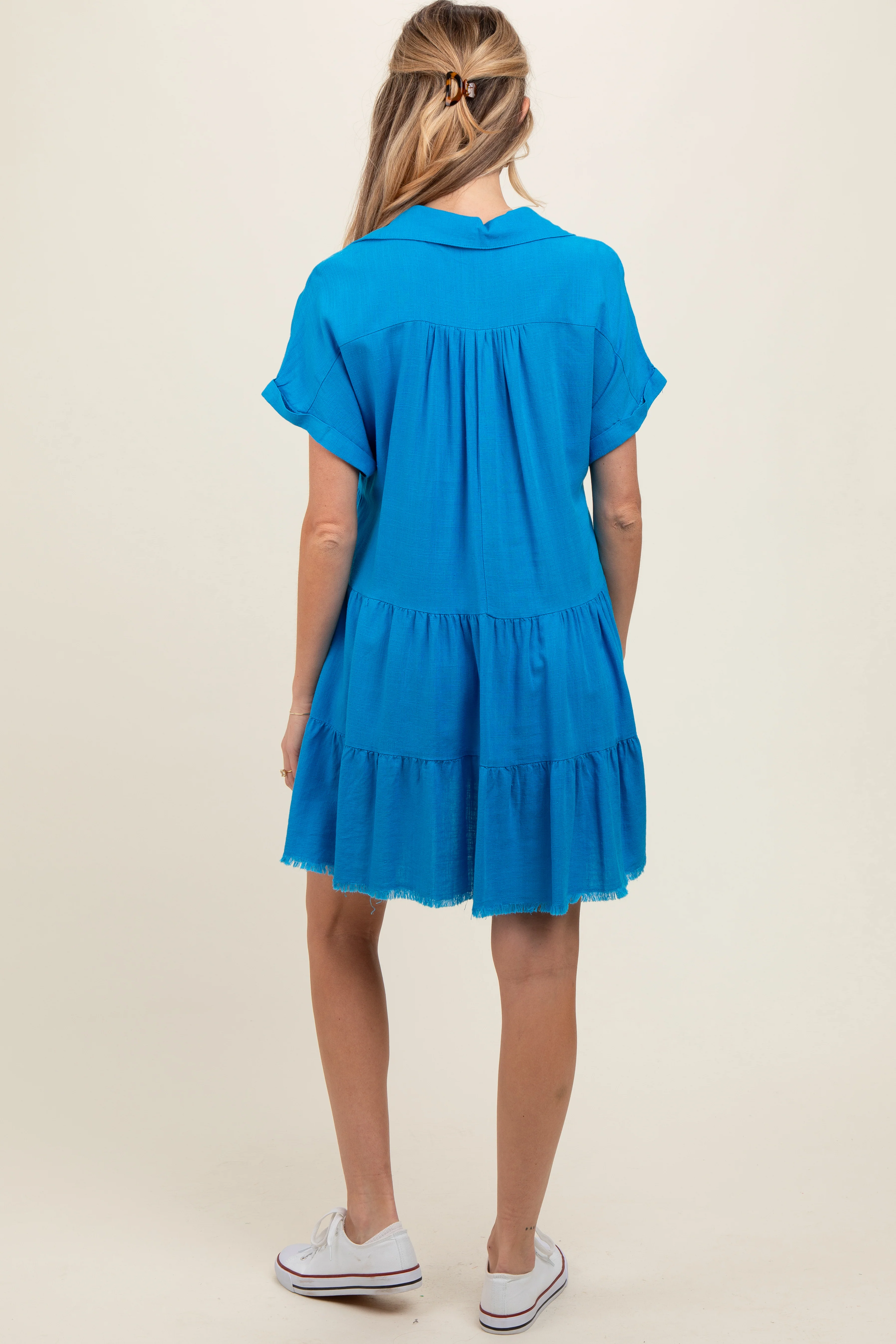 Royal Blue Tiered Linen Maternity Dress - Image 4