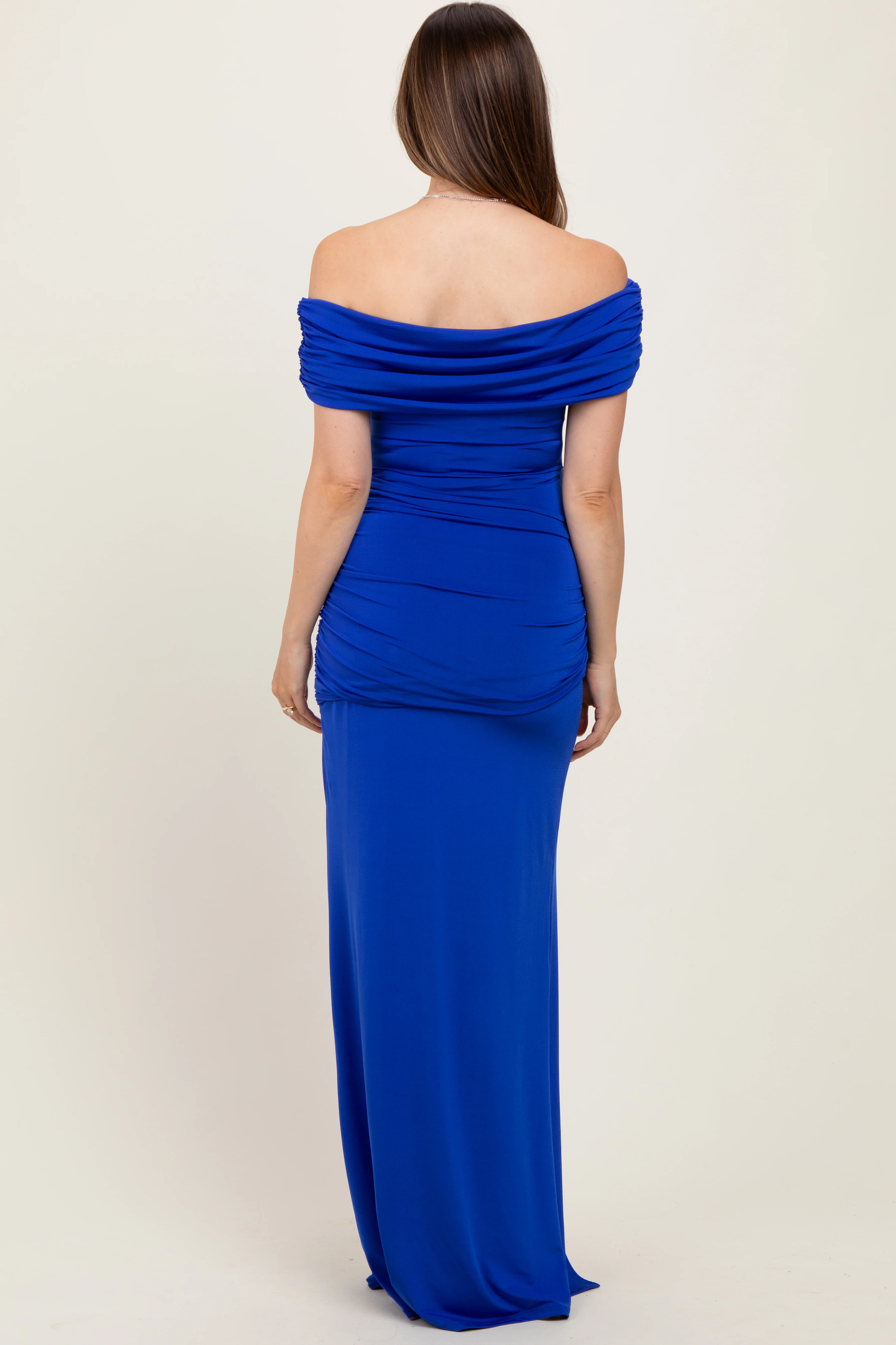 Royal Foldover Off Shoulder Ruched High Slit Maternity Maxi Dress - Image 3