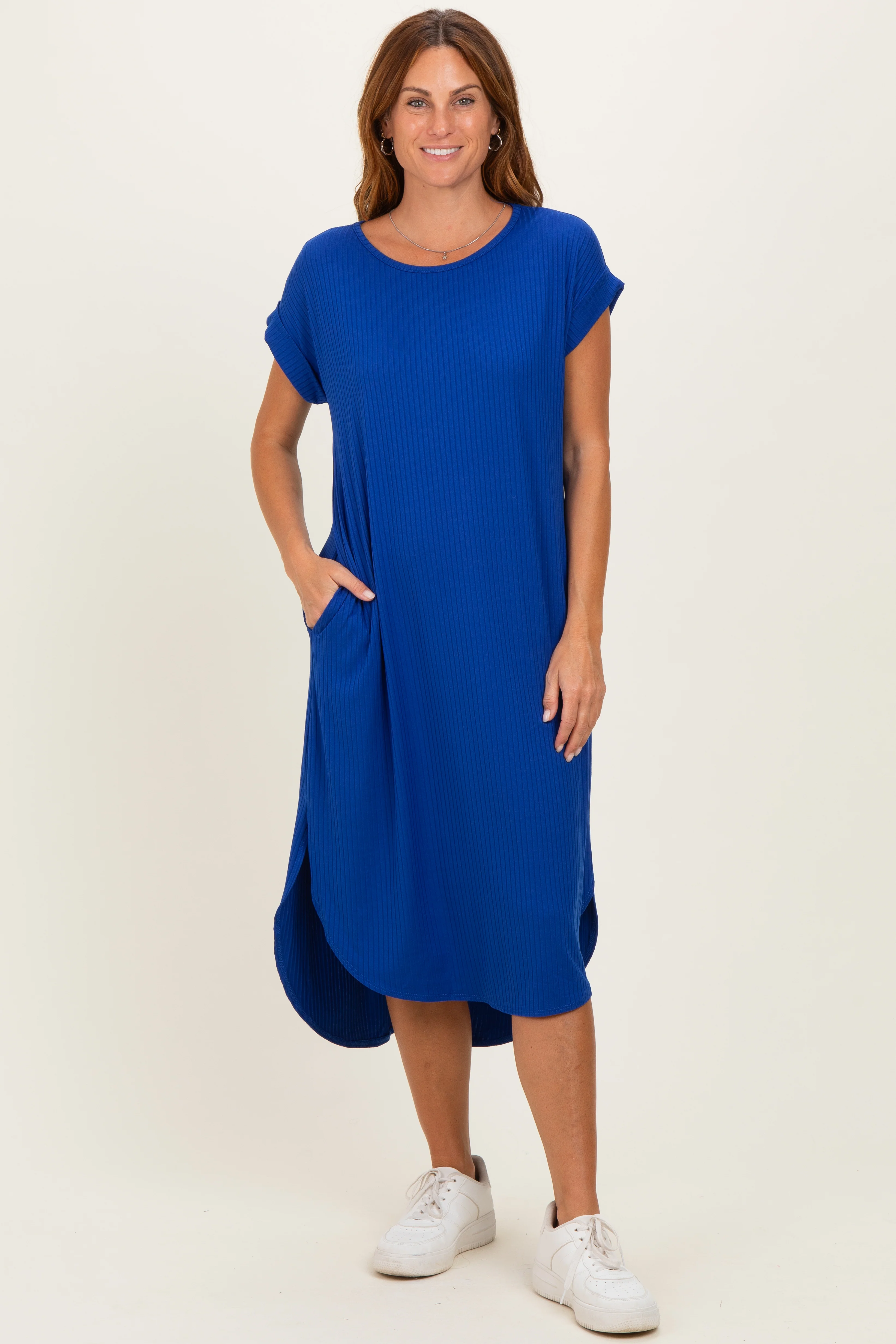 Royal Ribbed Curved Hem Maternity Midi Dress - Image 5