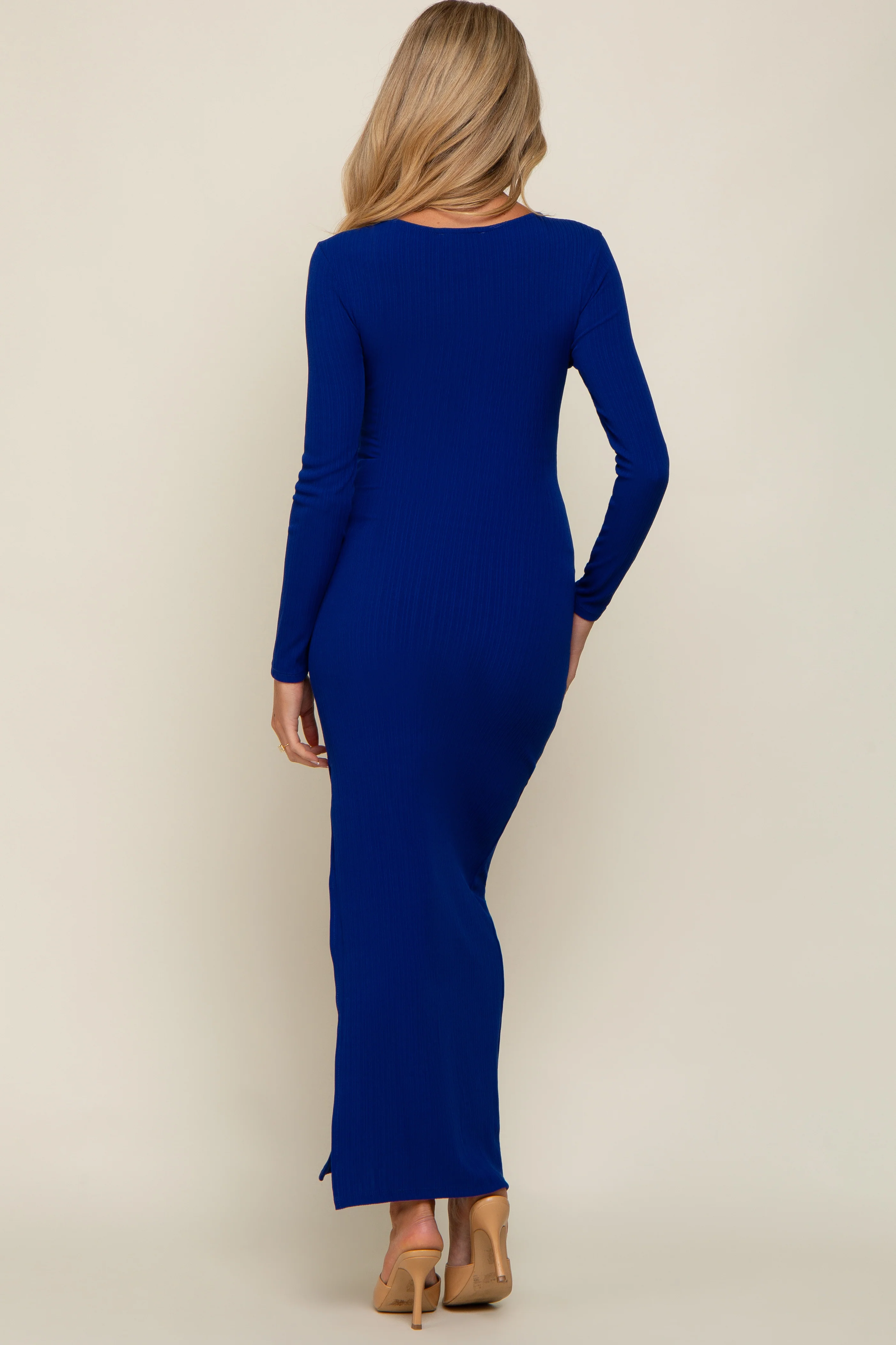 Royal Ribbed Long Sleeve Side Slit Maternity Maxi Dress - Image 3