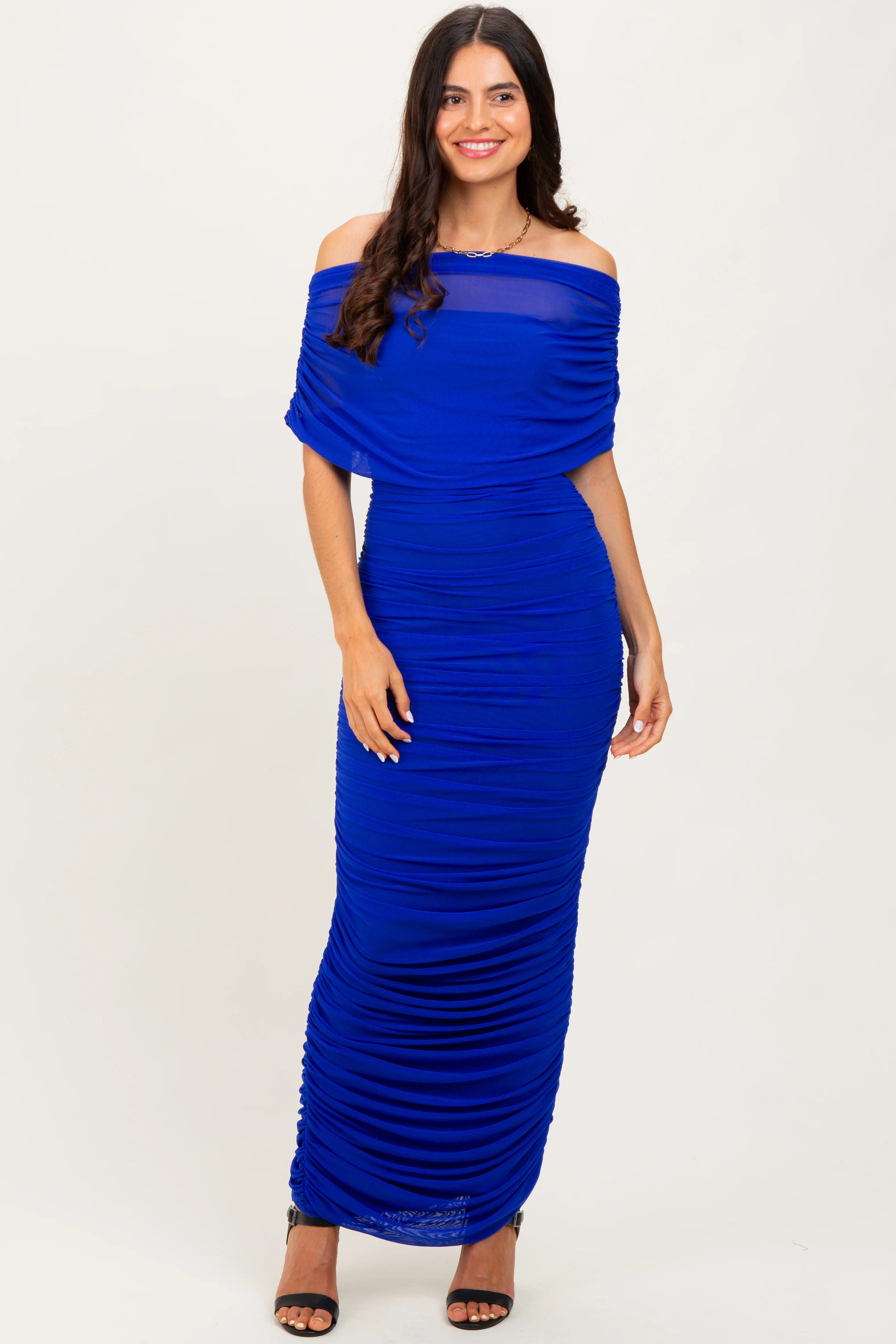 Royal Ruched Mesh Foldover Off Shoulder Maternity Maxi Dress - Image 5